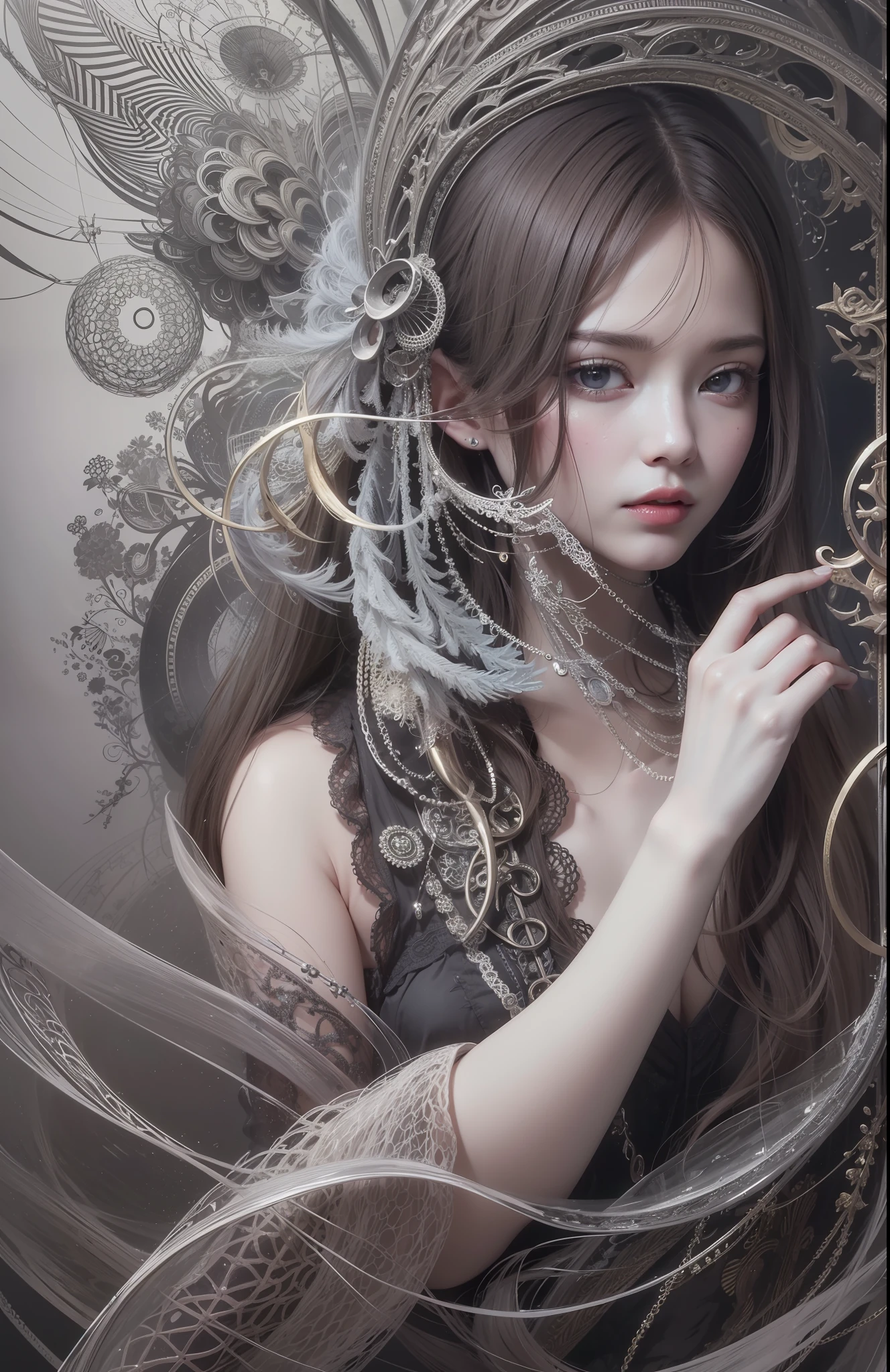 official art, unity 8k wallpaper, ultra detailed, beautiful and aesthetic, masterpiece, best quality, (zentangle, mandala, tangle, entangle), (fractal art:1.3) , 1girl, extremely detailed, dynamic angle, cowboyshot, the most beautiful form of chaos, elegant, a brutalist designed, vivid colours, romanticism, atmospheric, ecstasy of musical notes, streaming musical notes visible