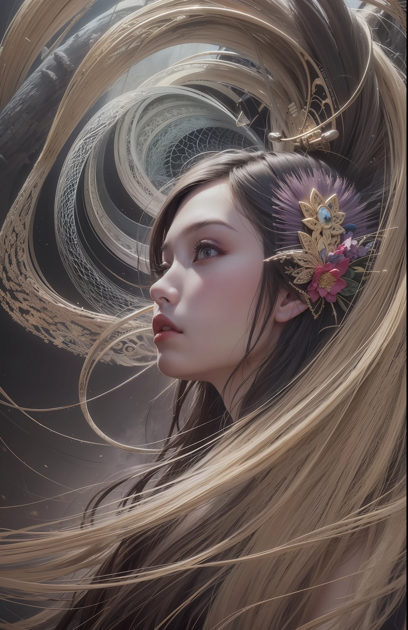 official art, unity 8k wallpaper, ultra detailed, beautiful and aesthetic, masterpiece, best quality, (zentangle, mandala, tangle, entangle), (fractal art:1.3) , 1girl, extremely detailed, dynamic angle, cowboyshot, the most beautiful form of chaos, elegant, a brutalist designed, vivid colours, romanticism, atmospheric, ecstasy of musical notes, streaming musical notes visible