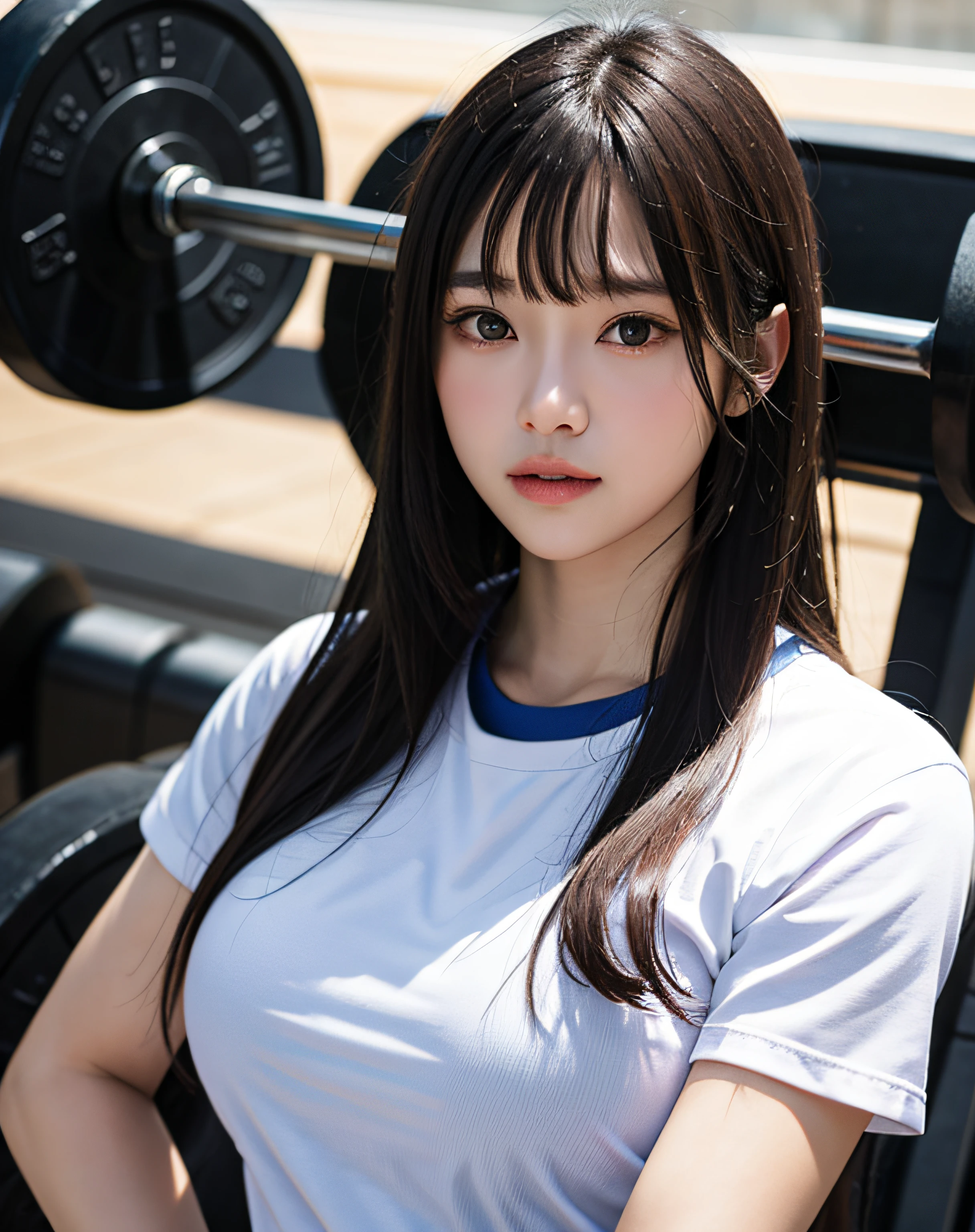 zydG, 1girl, detailed skin, looking at viewer, brown eyes, (longhair with bangs:1.2), (big breasts:1.0), (medium areolae:0.8), portrait, gym uniform, (photorealistic:1.4), (best quality:1.0), (ultra highres:1.0), 8k, RAW photo, (masterpiece:0.2), (pureerosface_v1:0.5), gym background,