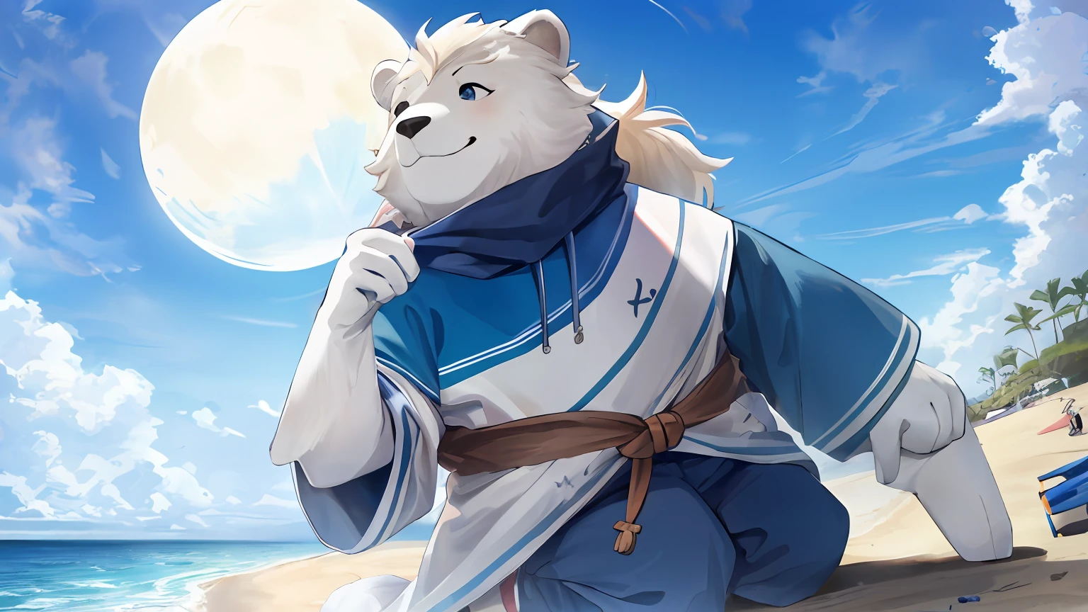 Beach, seaside, hoodie, big white bear, reach out, cartoon character, furry, white bear anthropomorphic, fat orc, beach pants, smile, looking somewhere, background in the sun, summer beach by the sea, vacation, background image, refreshing sea breeze, other tourists, blue and white tones