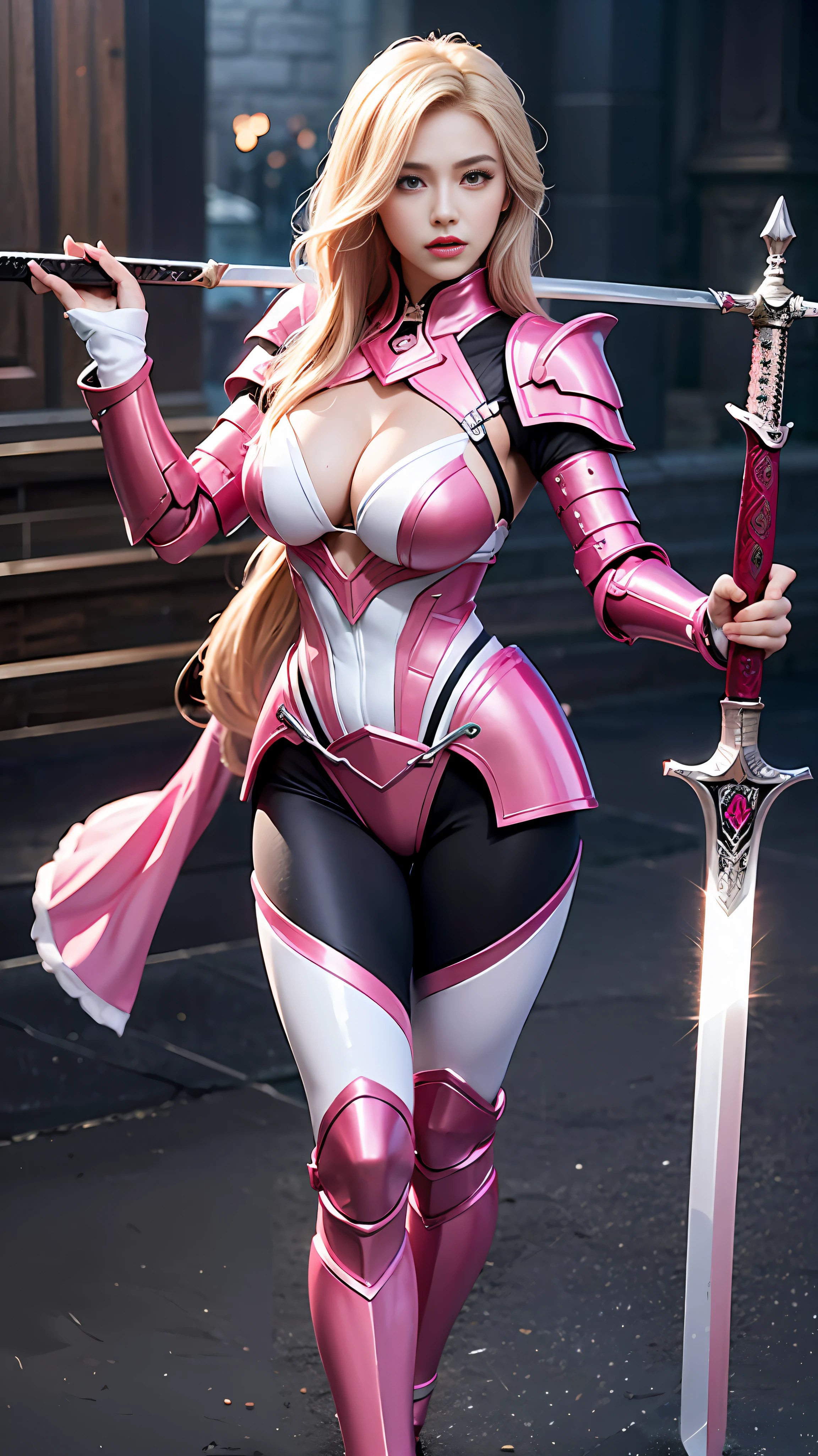 Arad woman holding sword and sword in pink suit, clear eyes, symmetrical eyes, dark eye shadow, smooth pink armor, streamlined pink armor, sharp silver armor fuchsia skin, matte pink armor, wearing witch's blade armor, pink iconic characters, charming role-playing, pink body, fuchsia skin under armor, extremely detailed Artgerm, y blonde warrior
