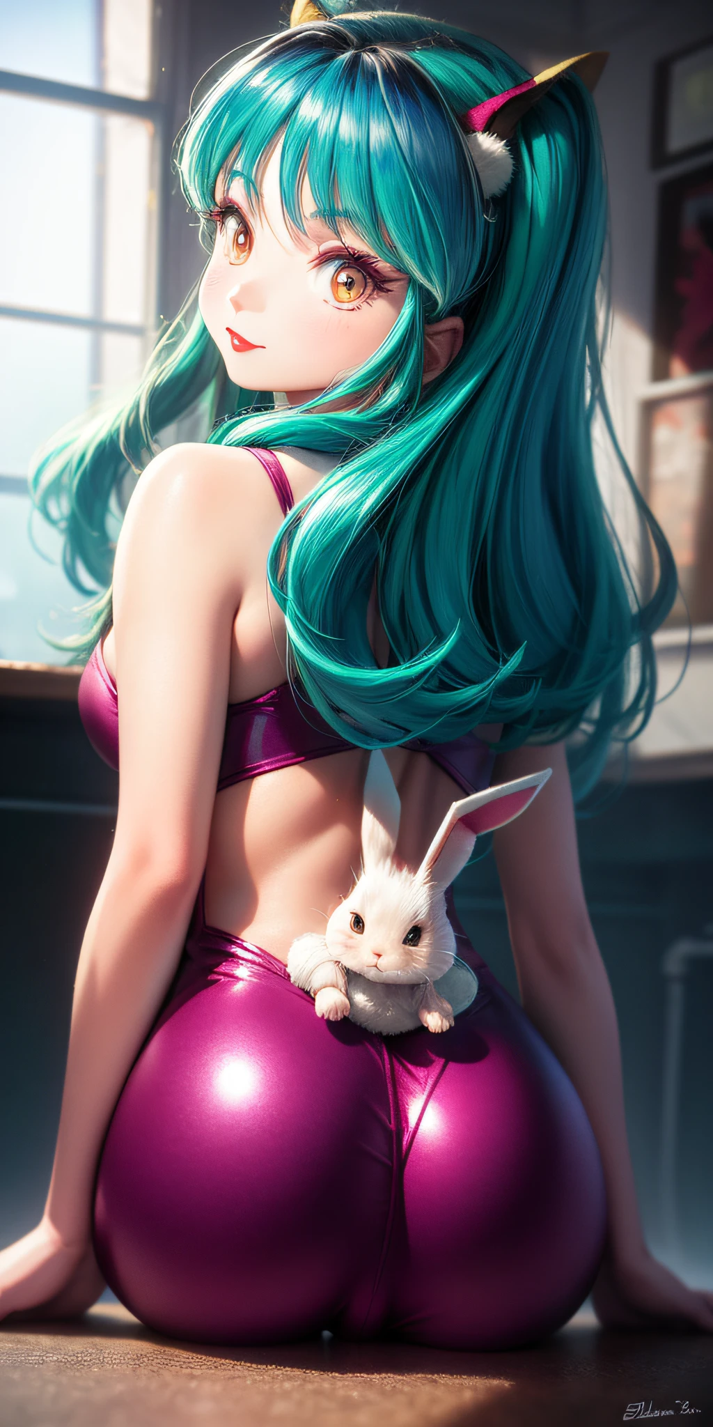 Lum Invader, (Bunny: 3), on all fours, looking back, (red lipstick: 2), (red: 1) detailed, high quality, beautiful face, gorgeous body, big ass, blushing, (shy: 1.5), ultra-detailed, masterpiece, best quality
