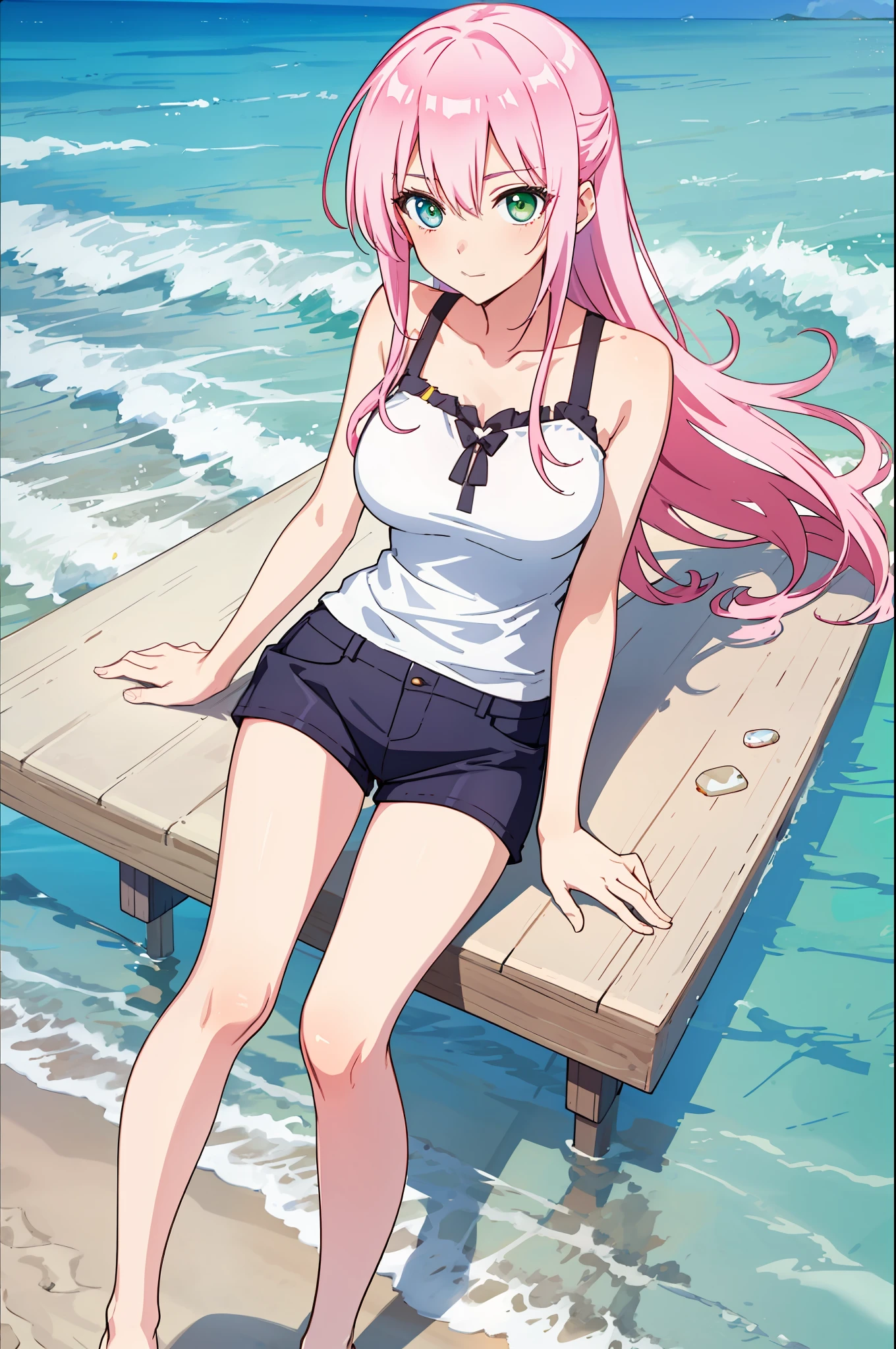 shikimori, medium , slim legs, sunny day, Beach, leaning, beautiful eyes, green eyes, nervous
