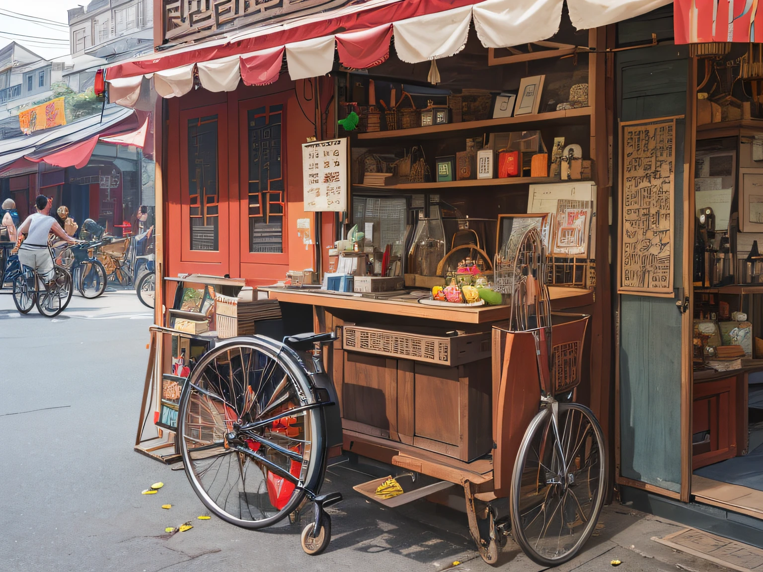 1 male, thin, holding folding fan, vendor, cunning, tricycle, 30 years old, antique market, ((ultra-realistic details)), Chinese Republic of China style, 8k,