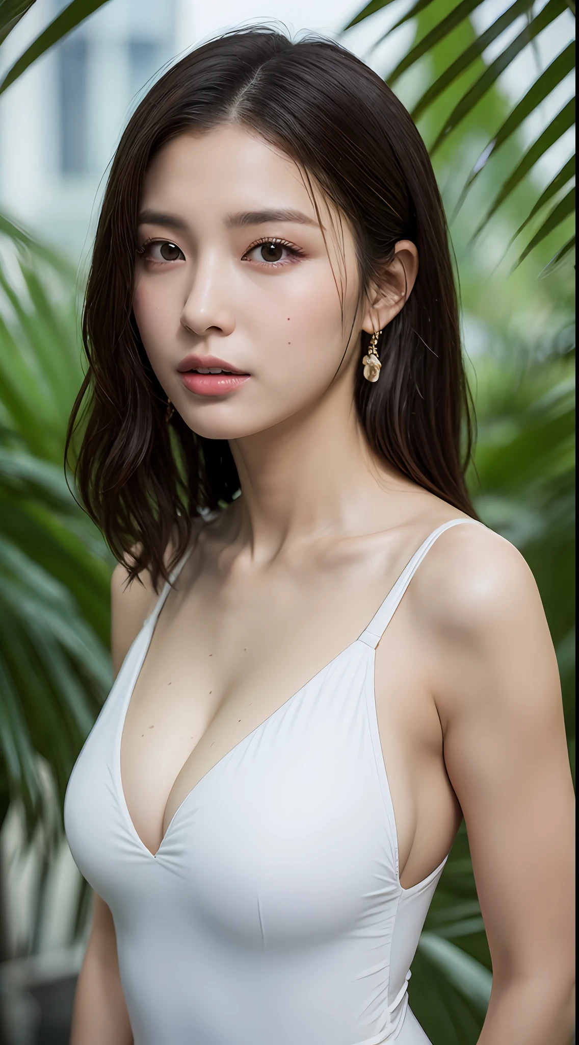 (Best Quality, 4K, Masterpiece: 1.3), Gorgeous Woman, 1 Girl, (White One-Piece Swimsuit: 1.2) (Skinny, Healthy, Perfect Body: 1.2), Abs: 1.1, Dark Brown Hair: 1.1, (Rain Wet, Wet Body: 1.2), Under the Palm Tree, Ultra-detailed face, detailed lips, detailed eyes, double eyelids, room