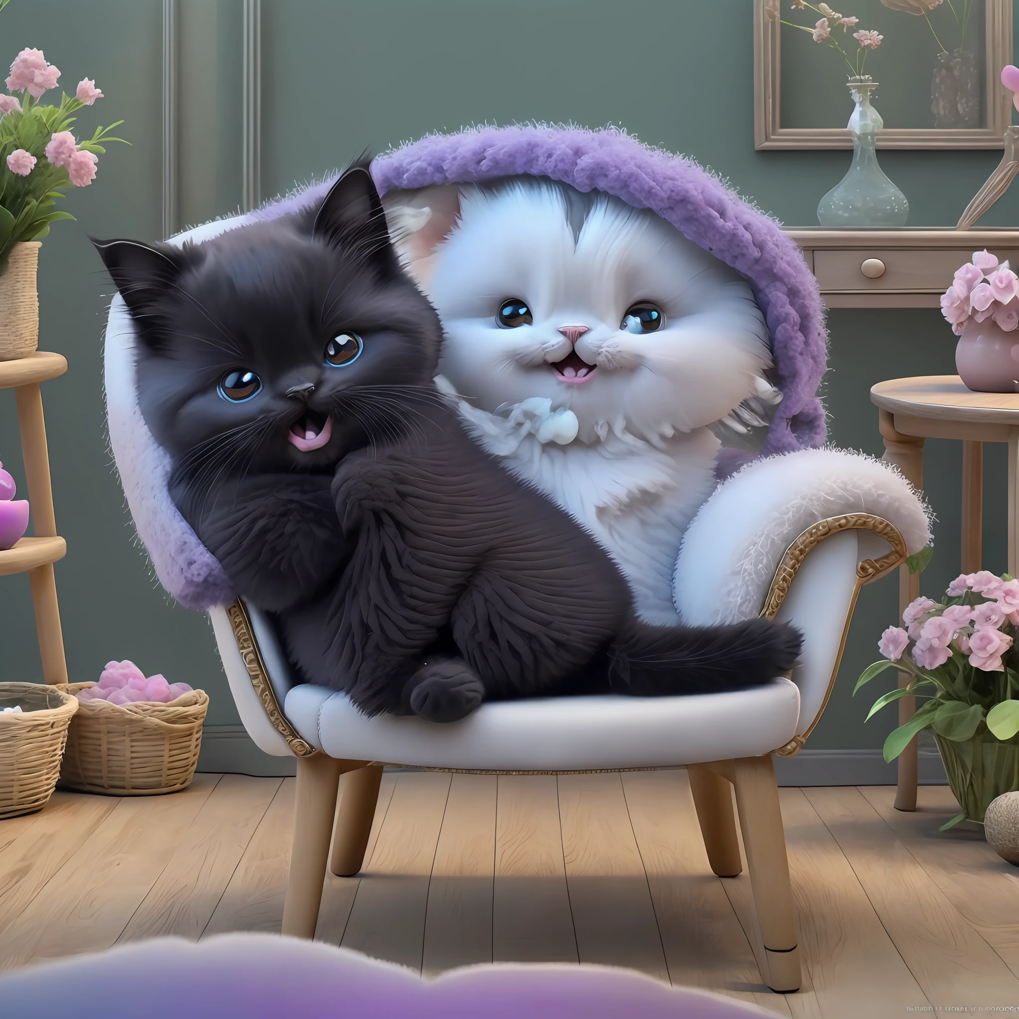 There is a fat fluffy long-haired black kitten with one elbow on the chair, he is very relaxed,rainbow soap bubbles,mouth wide open --auto --s2