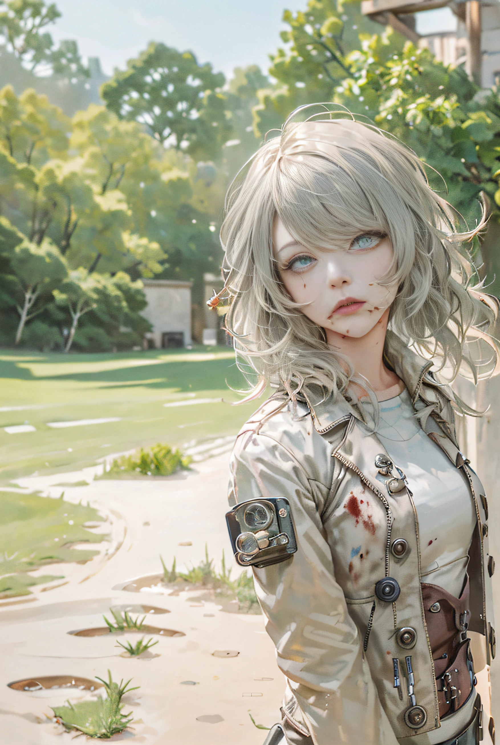 (absurd, high resolution, super detailed), 1 woman, mature female, old age, wavy long hair, split hair, heterochromatic, bangs, long sleeves, fine eyes and detailed face, extremely detailed CG Unity 8k wallpaper, intricate details, (style - country magic: 0.8), (medieval cyborg: 0.8), portrait, (blood: 0.7), looking at the audience, solo, half shot, detailed background, (steampunk theme: 1.1) determined expression, dark Kud technician, Floating lights, colorful leather vest with gears, technical clothing, jetpack, workshop in background, buttons, levers, automata, electricity, EDM epic atmosphere, portrait (very marked Carmelto)