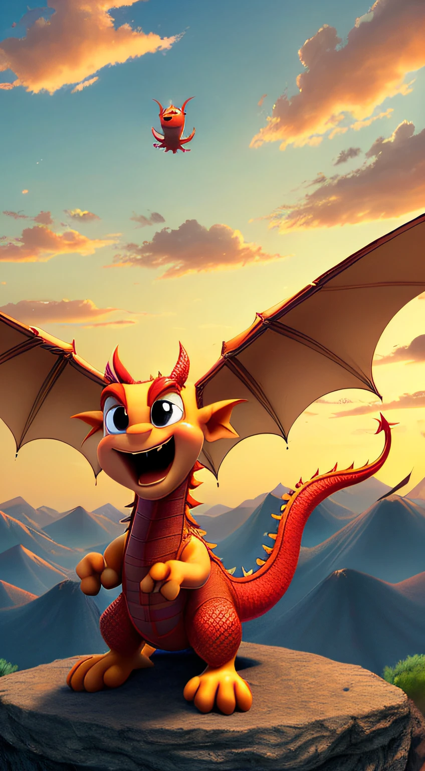 Red Dragon, Cartoon, Cute, Pixar, Flying in the Sky, Laughing at the Screen, 8K, Ultra Clear, Two-dimensional --auto