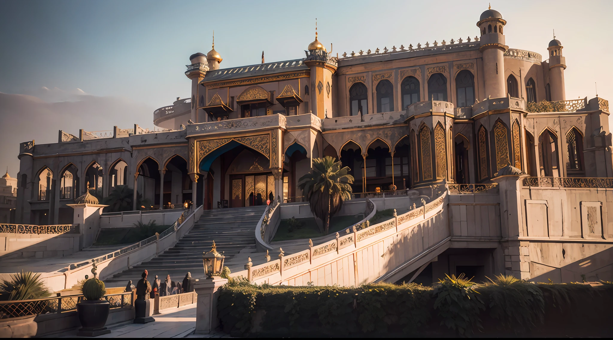 Panorama, realistic, realistic, floating in the air under the Ottoman luxury decoration airship, towering in the desert city of huge Arabian style royal luxury palace, magnificent, luxurious atmosphere, high-rise building, luxury, sky garden, golden roof, Ottoman style decoration, moat surrounding, masked beauty wearing Arabian traditional burqa, veiled masked beauty in it, tone mapping, detailed, highly detailed, smooth, sharp focus, beautiful illustration, photograph, backlight, dynamic lighting, fog, complex, film grain, Professional, facing the audience, (beautiful m3d_woman, perfect m3d_face), all leather masks masked, volumetric lighting, underground scattering, good highlights, good shadows, movies