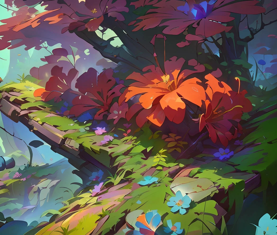 Floral environment, detailed digital painting, digital painting concept art, high detail digital painting, colorful concept art, stylized painting, low detail. Digital painting, stylized concept art, overgrown shiny spots, very detailed digital painting, painting concept art, painting concept art, color study