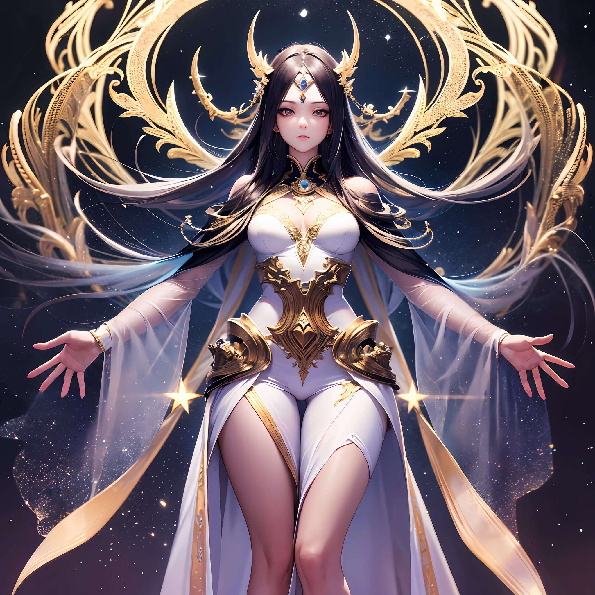 Masterpiece, a beautiful void goddess, full body white transparent clothes standing under empty night stars, disappearing transparent pants, full body standing, tall figure, slender legs, facial details, detailed body part details, 8k wallpaper