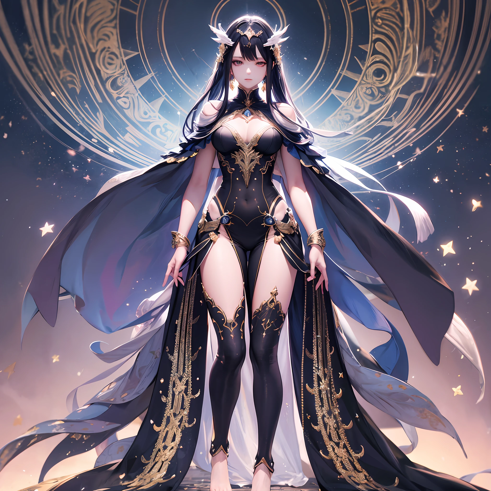 Masterpiece, a beautiful void goddess, full body white transparent clothes standing under empty night stars, disappearing transparent pants, full body standing, tall figure, slender legs, facial details, detailed body part details, 8k wallpaper