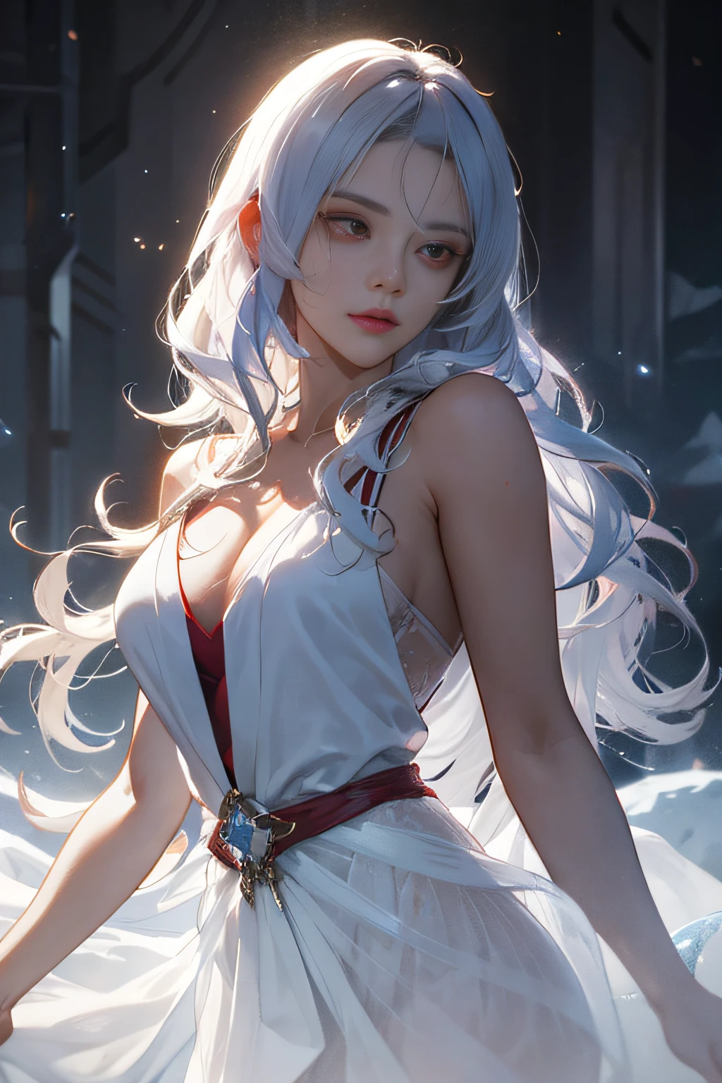 1 woman, red eyes, white wavy long hair, tulle robe, crystal canyon background, looking at the audience, extremely detailed CG unity 8k wallpaper, sexy, seductive, volumetric lighting, dramatic composition, fog, ice magic, mystery,