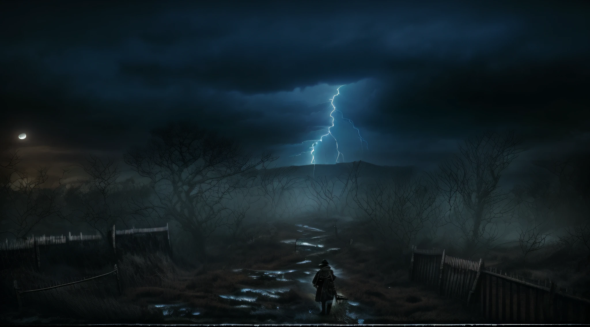 high detail,hyper quality,high resolution,4K,ruins,deserted highways,lightning and thunderstorms bringing electrical storms,dark nights falling,moody,epic detail,oppression of darkness,loneliness of despair,tension of danger,grey sense of loss,Backlighting,moonlight illuminating the city,shadows in the dark,high contrast,cinematic shot,Extra Long Shot(ELS),Wasteland Punk,3D,cinematic,Unreal Engine,黑色风衣,骑在锈迹斑驳的摩托车上,后背背着一把猎枪,牛仔帽