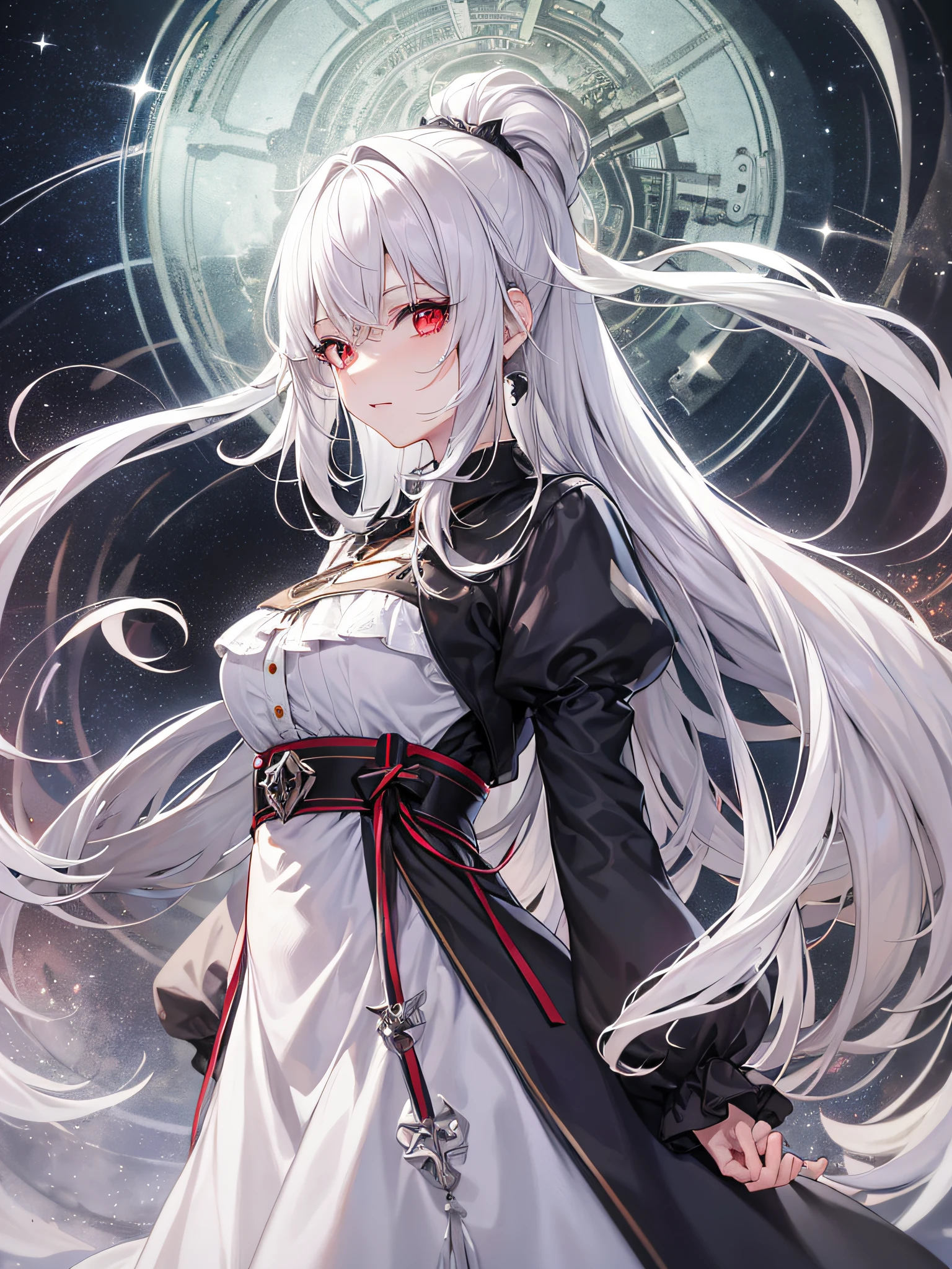 long white hair anime girl standing in dark night landscape with twinkling stars, white hair girl, white hair god, silver hair (ponytail), white hair, perfect white hair girl, flowing white hair, smooth anime CG art, silver haired girl, white hair woman, silver hair, white hair girl, white hair woman, silver haired girl, white hair girl, white hair girl, best quality, super high definition, red eyes, 16K
