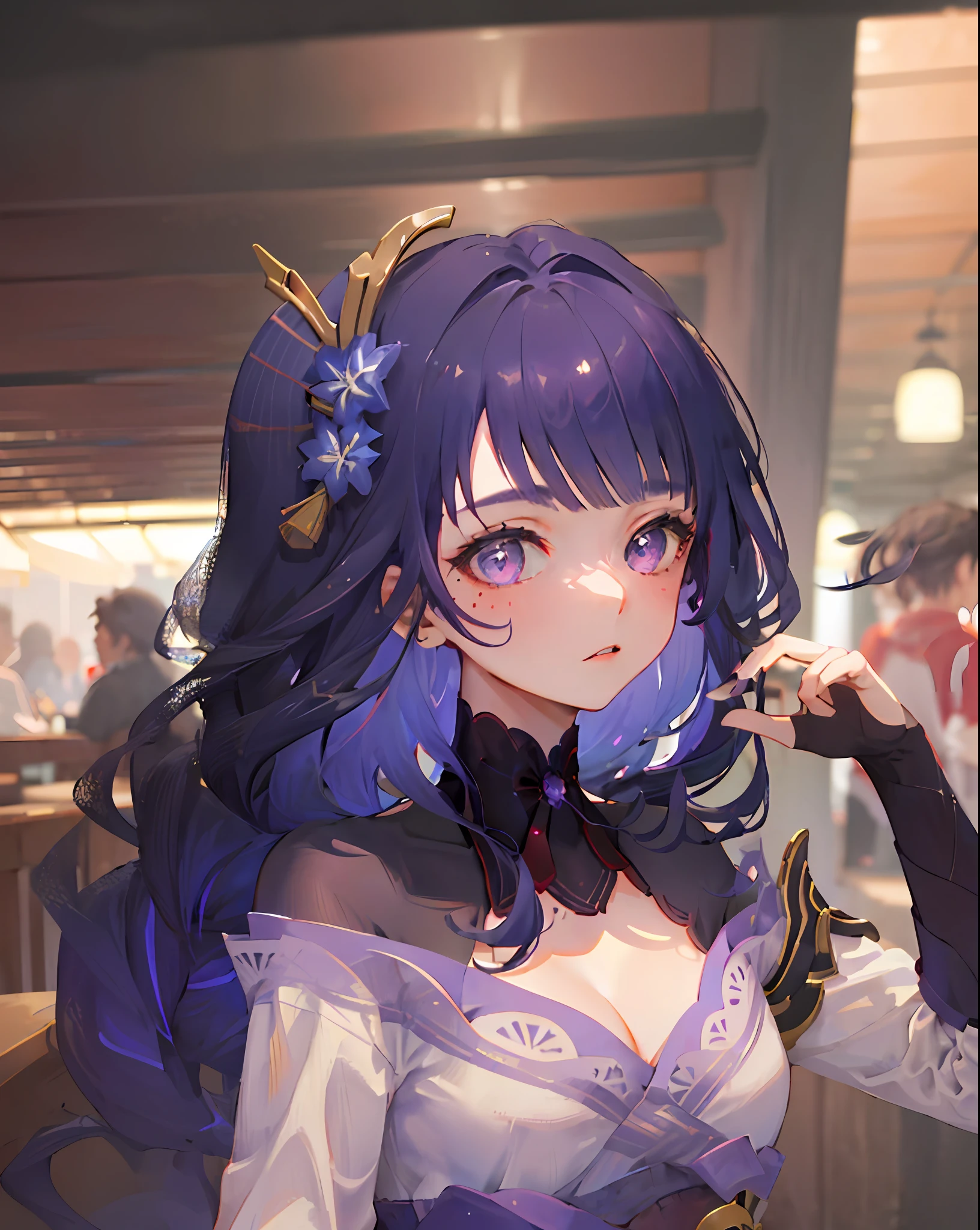 ((masterpiece)), ((high detail)), 1girl, ((ultra-detailed)),((delicate face)), Beautiful detailed eyes, gradient hair,hairs between eyes, GSHead,1girl ,solo,purple hair,genshin_impact, black_background,look at the viewer
