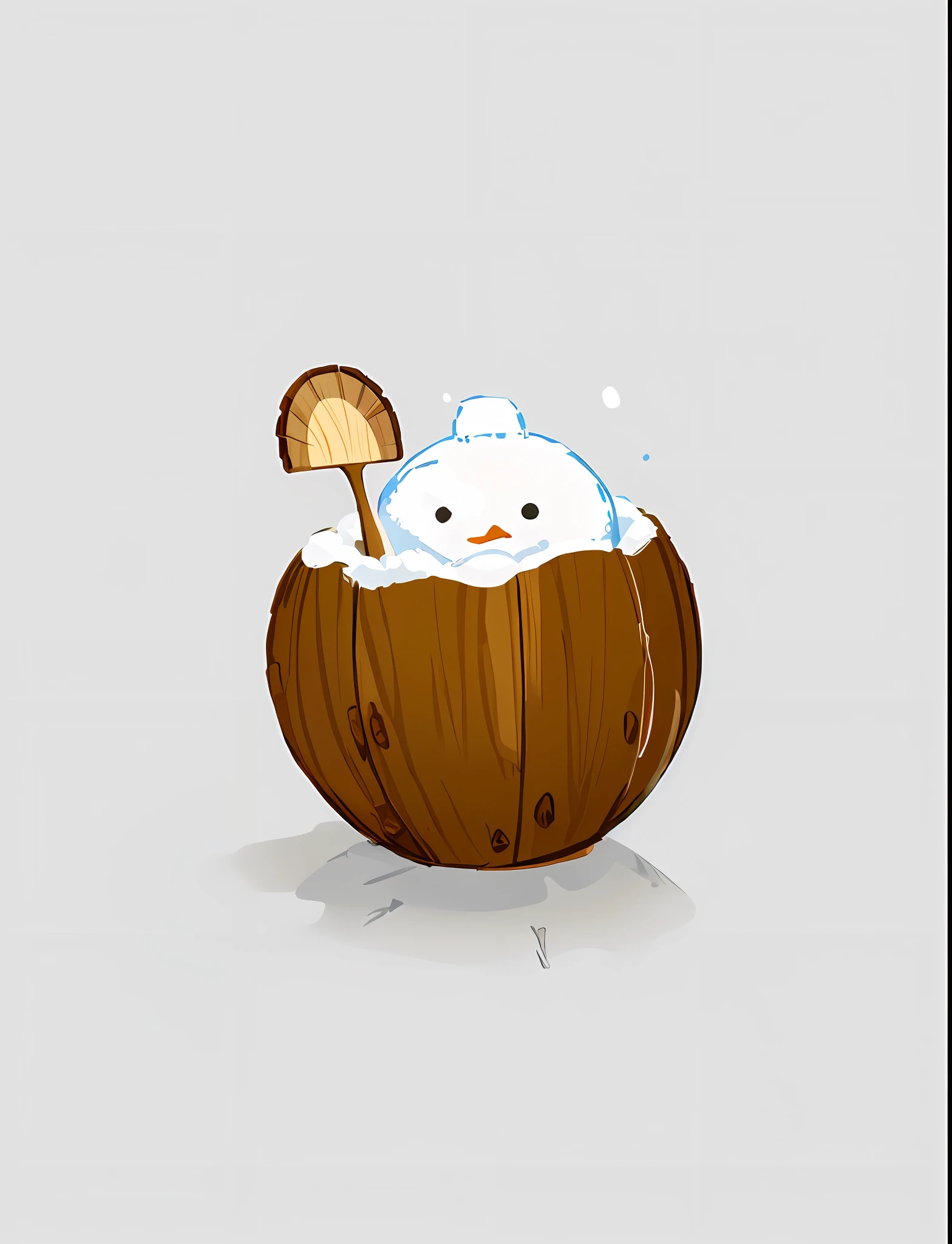 Masterpiece, best quality, simple background, best quality, masterpiece, 8k, 4k, extreme resolution, ultra-high resolution, minimalist art style, (flat painting: 1.15), brown half coconut shell, (spoon on the left side of coconut shell: 1.35), (snowman on coconut: 1.15), (cute: 1.35), cartoon, (snowman living in coconut shell: 1.75), wavy mouth,