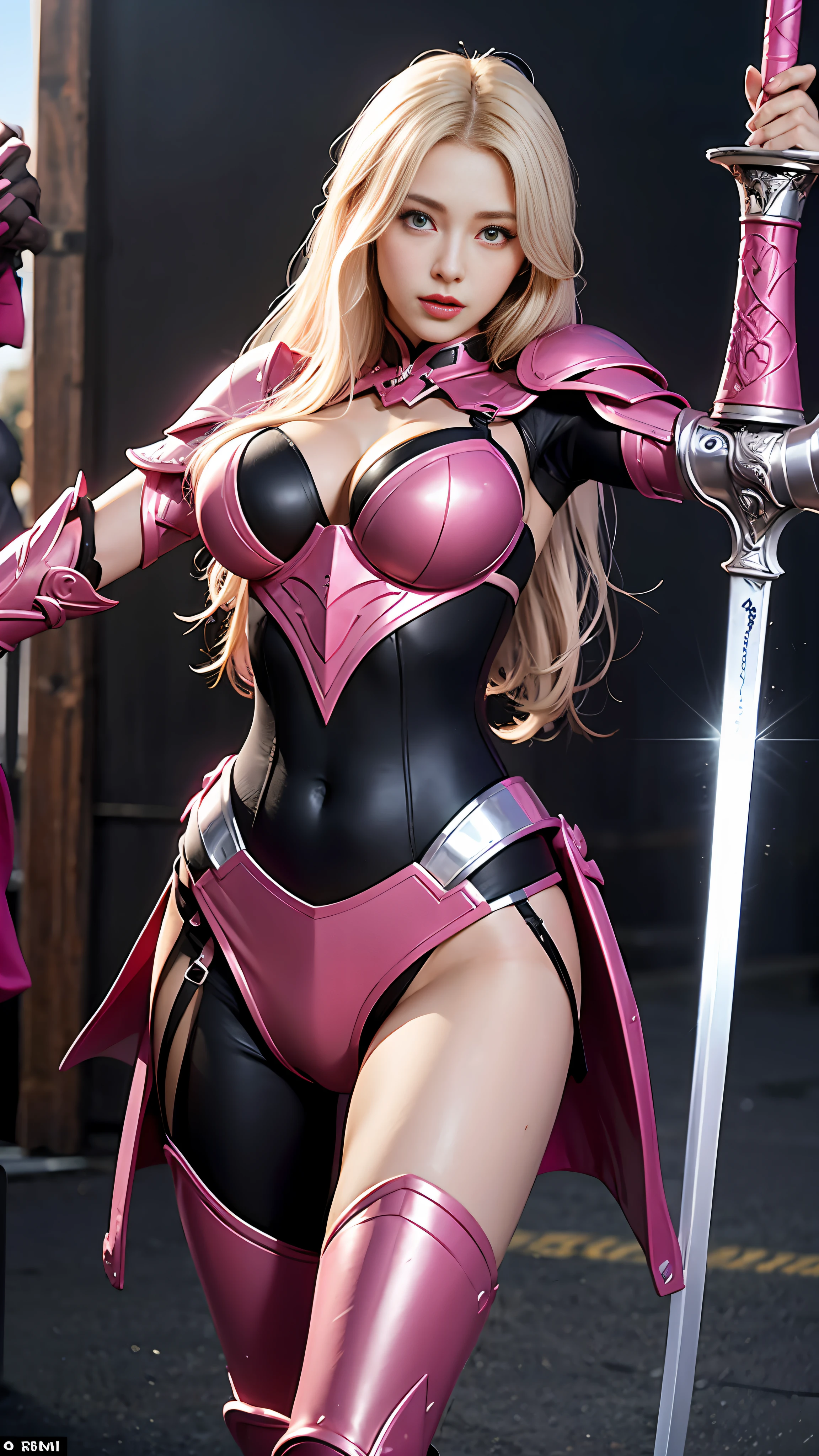 Arad woman holding sword and sword in pink suit, clear eyes, symmetrical eyes, dark eye shadow, smooth pink armor, streamlined pink armor, sharp silver armor fuchsia skin, matte pink armor, wearing witch's blade armor, pink iconic characters, charming role-playing, pink body, fuchsia skin under armor, extremely detailed Artgerm, sexy blonde warrior