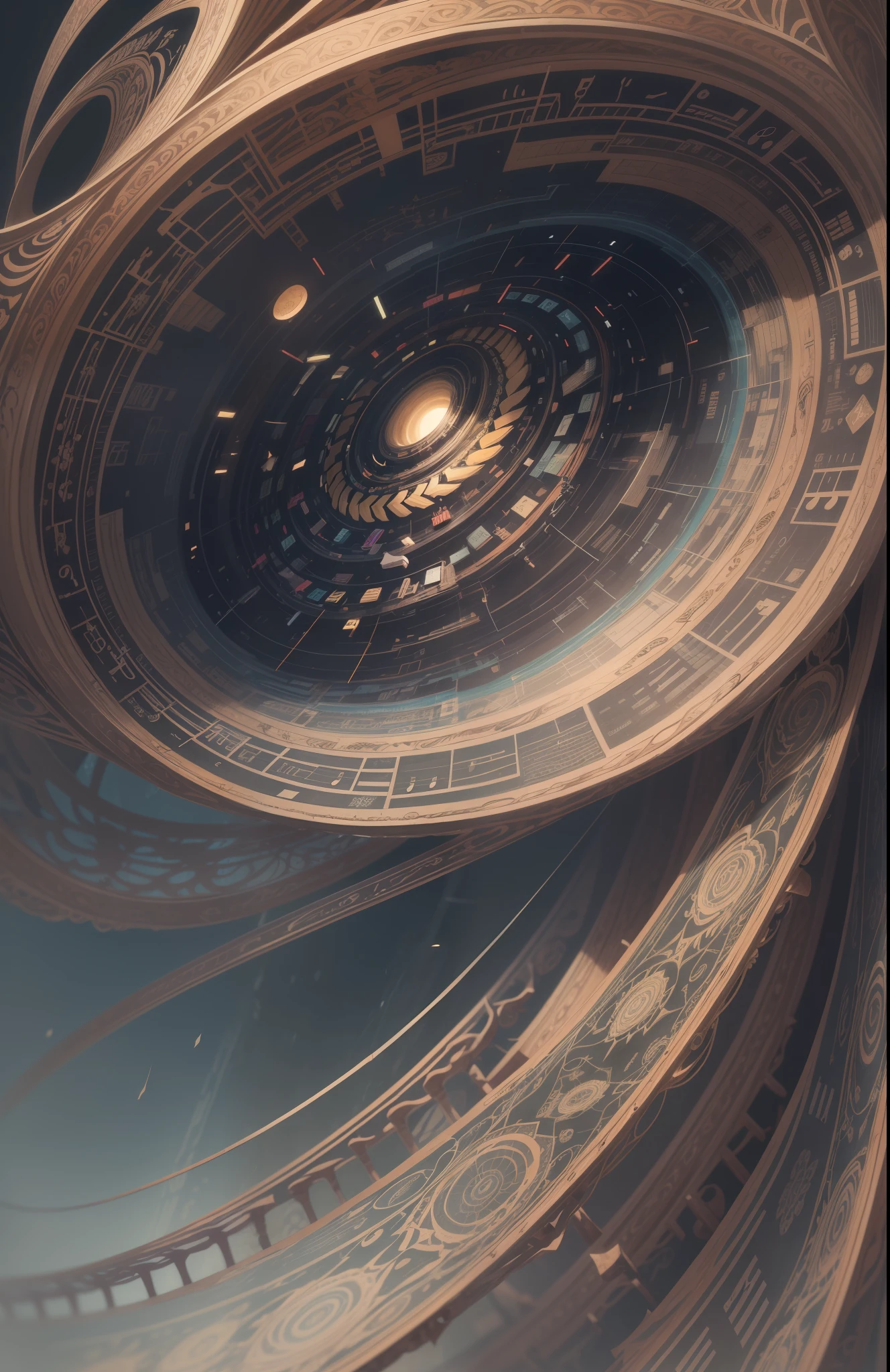 official art, unity 8k wallpaper, ultra detailed, beautiful and aesthetic, masterpiece, best quality, (zentangle, mandala, tangle, entangle), (fractal art:1.3) , 1girl, extremely detailed, dynamic angle, cowboyshot, the most beautiful form of chaos, elegant, a brutalist designed, vivid colours, romanticism, atmospheric, ecstasy of musical notes, streaming musical notes visible