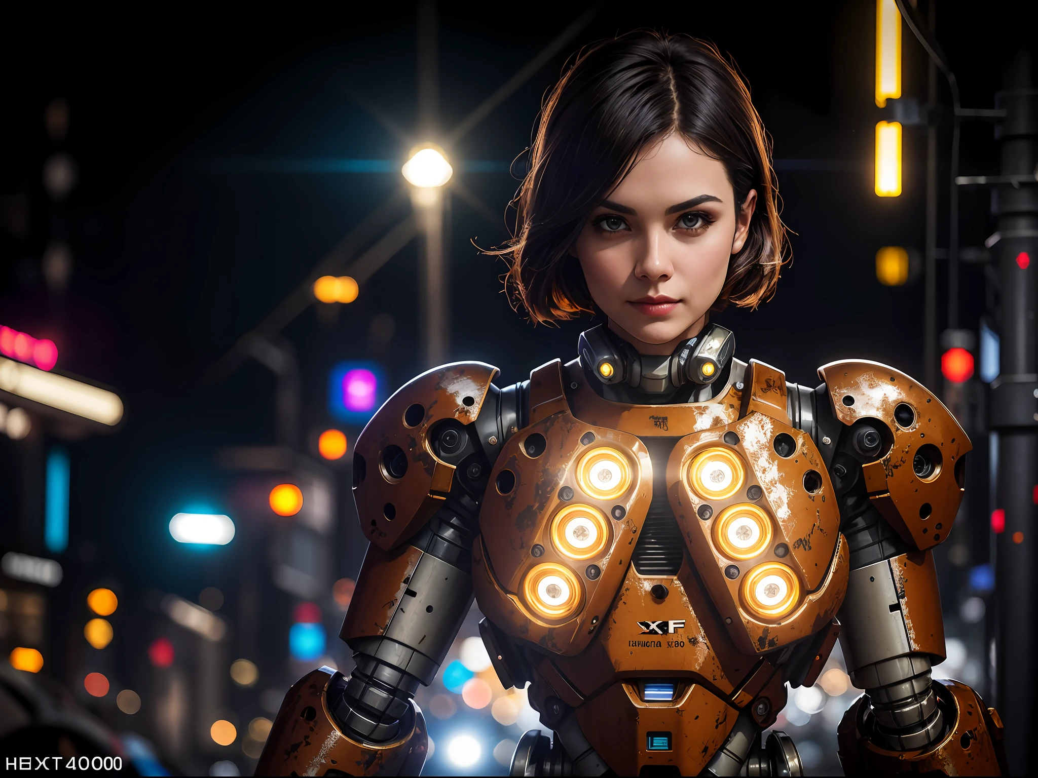 RAW photo, full-body, dynamic pose, toned and fit physique woman in a worn mech suit, (chest lights, blinkenlights)++, (kanji stickers)+++, (light bokeh)++, intricate, (steel metal (rust)-)+, elegant, sharp focus, photo by greg rutkowski, soft lighting, vibrant colors, (masterpiece)+, (streets)++, (detailed face)+, futuristic, hightech, scifi, heavy brow, sparkly eyes, stunning, high-definition, ultra HD, 4k resolution, retina display, sharp, crisp, clear, vibrant, XF IQ4, 150MP, 50mm,  ISO 1000, 1/250s, Adobe Lightroom, photolab, Affinity Photo, PhotoDirector 365