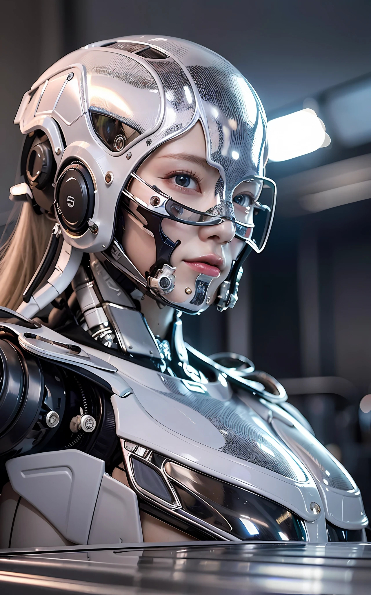 Complex 3d render ultra-detailed beautiful porcelain profile female android face, cyborg, robot part, 150 mm, beautiful studio soft light, rim light, vivid details, gorgeous cyberpunk, lace, surreal, anatomical, face muscle, cable wire, microchip, elegant, beautiful background, octane rendering, HR Giger style, 8k, top quality, masterpiece, illustration, very delicate and beautiful, highly detailed, CG, uniform, wallpaper, ( realistic, Photorealistic: 1.37), Amazing, Elaborate, Masterpiece, Top quality, Official art, Highly detailed CG unity 8k wallpaper, Absurd, Incredibly absurd, Robot, Silver Halmet, Full body, Sitting