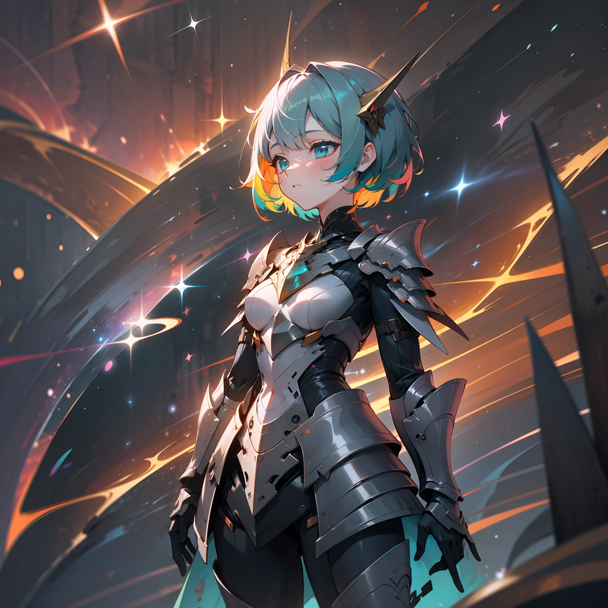 a girl, wildly rainbow colored short hair, dark fantasy, rainbow teal colored dress armor, standing, cosmic nebula background, stars, galaxies, surrounded by dark machines and shadows