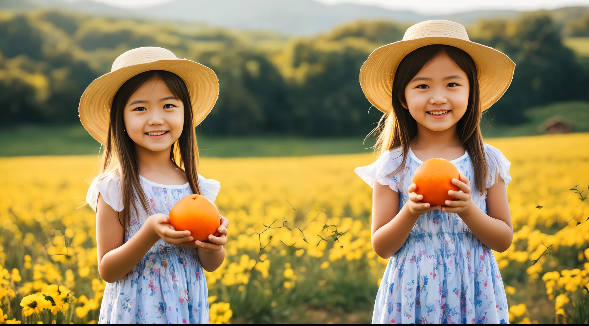 Healing department, a warm and happy picture, the sun is gentle, high details, the scene is a beautiful grassland, the mountains in the distance, the 's childhood, childish and cute, delicate facial features, the girl wears a straw hat, wearing yellow clothes, in the farmyard, holding a round and juicy navel orange in her hand, the girl's smiling eyes, the sunlight shines on the girl's face, showing the tranquility of the countryside, dreamy, Miyazaki, 8x resolution, depth of field --auto