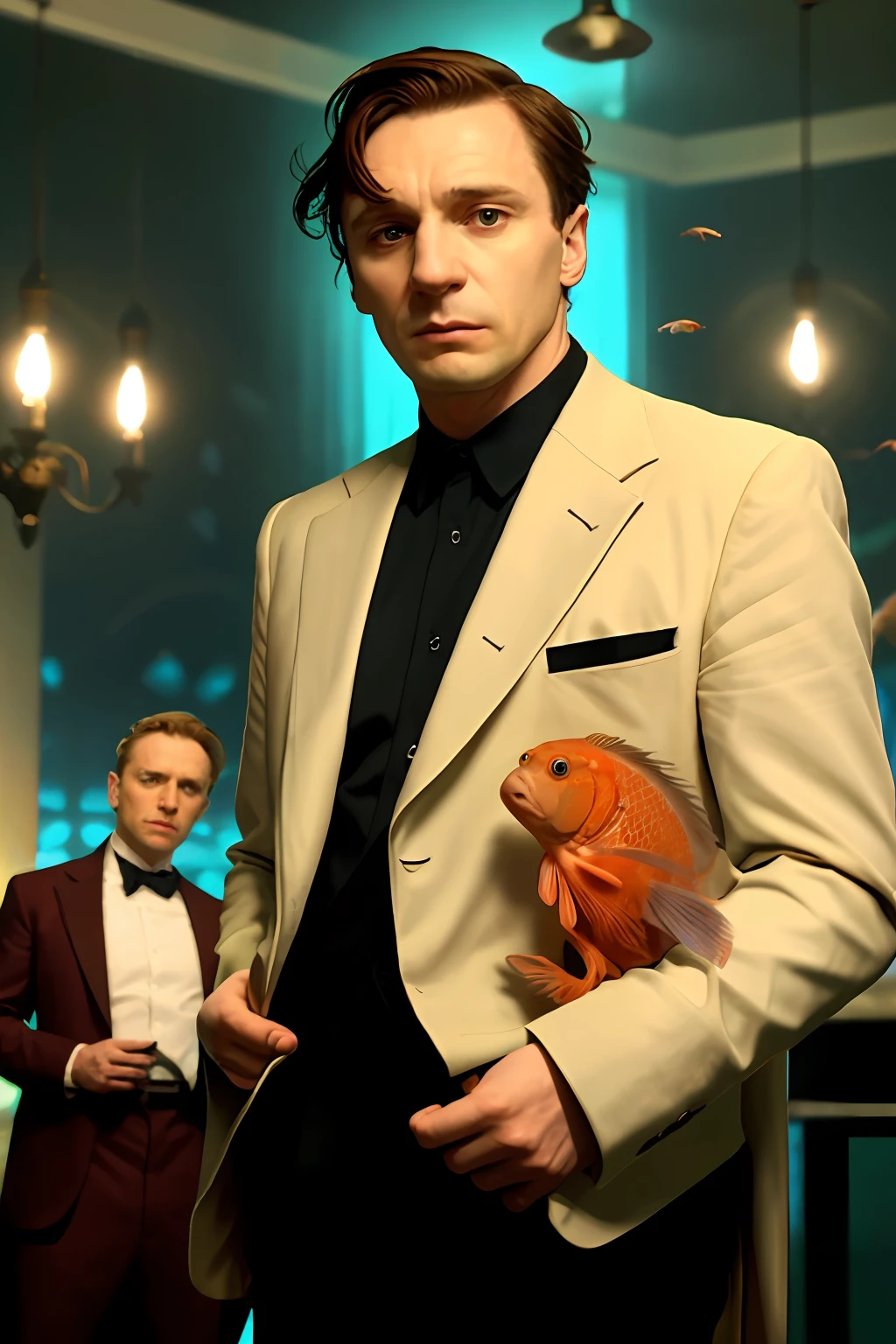 Peaky Blinders brings an aquarium filled with Discus fish with intense gaze against a chaotic backdrop