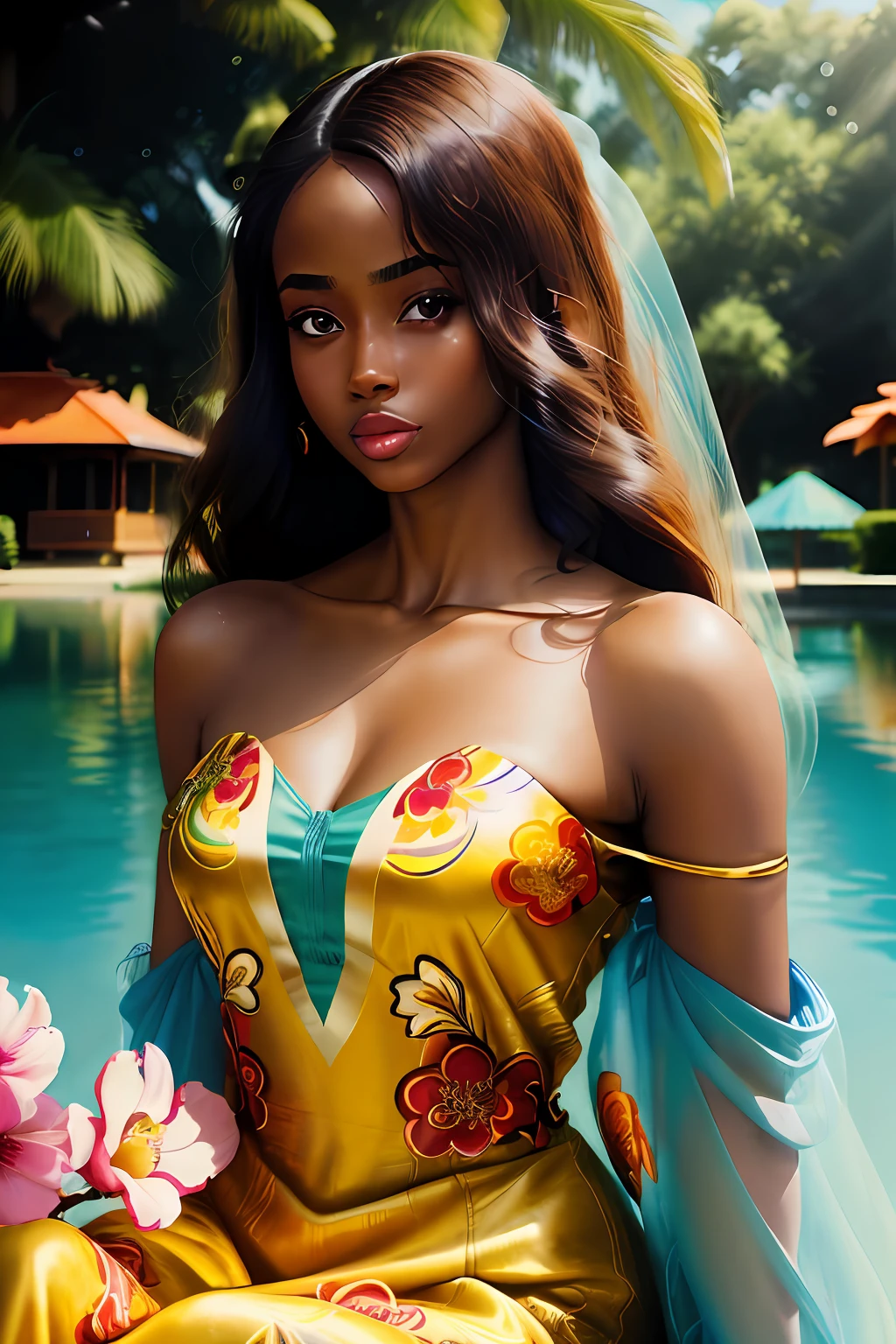 ((ultra HD))), ((hyper realistic)), Marc Jacobs fashion magazine full torso photograph of a beautiful 24 year old ((African dark skinned woman with long shoulder length hair)) dressed in a futuristic flowery silky intricately textured dress with perfect gold buttons, sitted and lounging in a beautiful ((richly decorated)) gazebo by a lush blue lake on a pleasant day subject between the sun and photographer with pleasant backlighting, bright sunny colourful day, raw, greatness, indie, and full of magical nature activity, brightly magically lit, shot with professional lenses, (((Hasselblad X2D 100C))), panavision motion still, hyper detailed textures, iso 400, cinematic, surrealistic, 8k, 35 mm lens , lightroom color graded, with ((double exposure and long exposure techniques)) and light leaks, (((60s retro vibes))), afro-creative — , Akinbode Akinbiyi, Emmanuel Lubezki, Gordon Parks, Daido Moriyama, David Fincher, ,