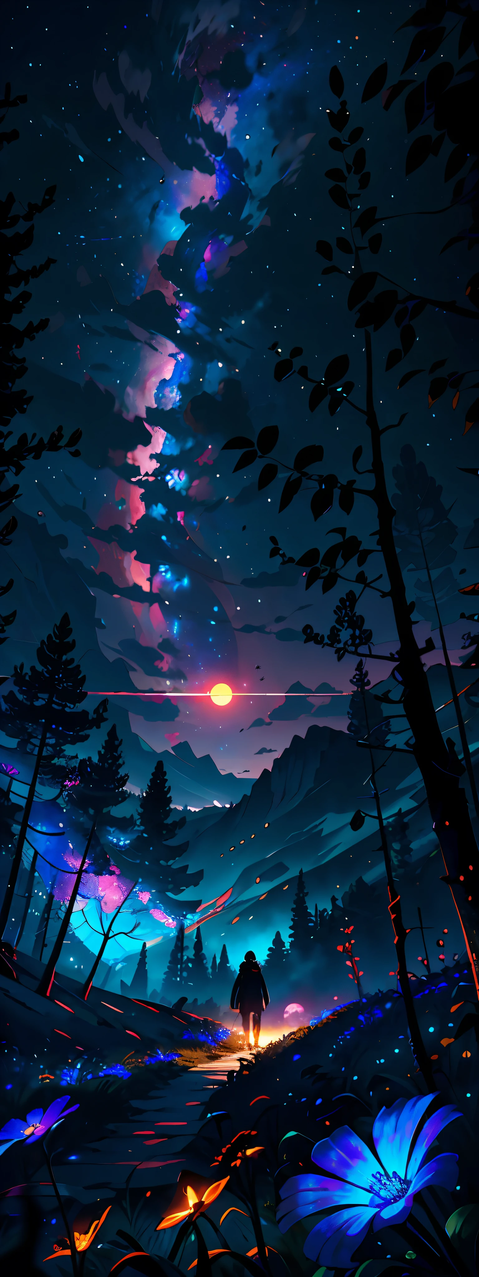 expansive landscape photograph , (a view from below that shows sky above and open field below), a girl standing on flower field looking up, (full moon:1.2), ( shooting stars:0.9), (nebula:1.3), distant mountain, tree BREAK
production art, (warm light source:1.2), (Firefly:1.2), lamp, lot of purple and orange, intricate details, volumetric lighting BREAK
(masterpiece:1.2), (best quality), 4k, ultra-detailed, (dynamic composition:1.4), highly detailed, colorful details,( iridescent colors:1.2), (glowing lighting, atmospheric lighting), dreamy, magical, (solo:1.2),8k, realistic, cinematic