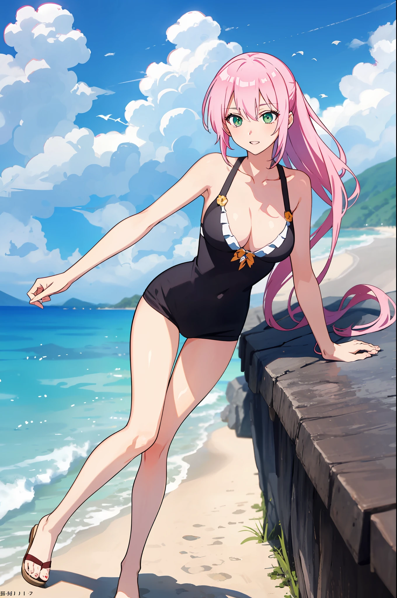 shikimori, medium breast, slim legs, sunny day, Beach, leaning, beautiful eyes, green eyes, nervous