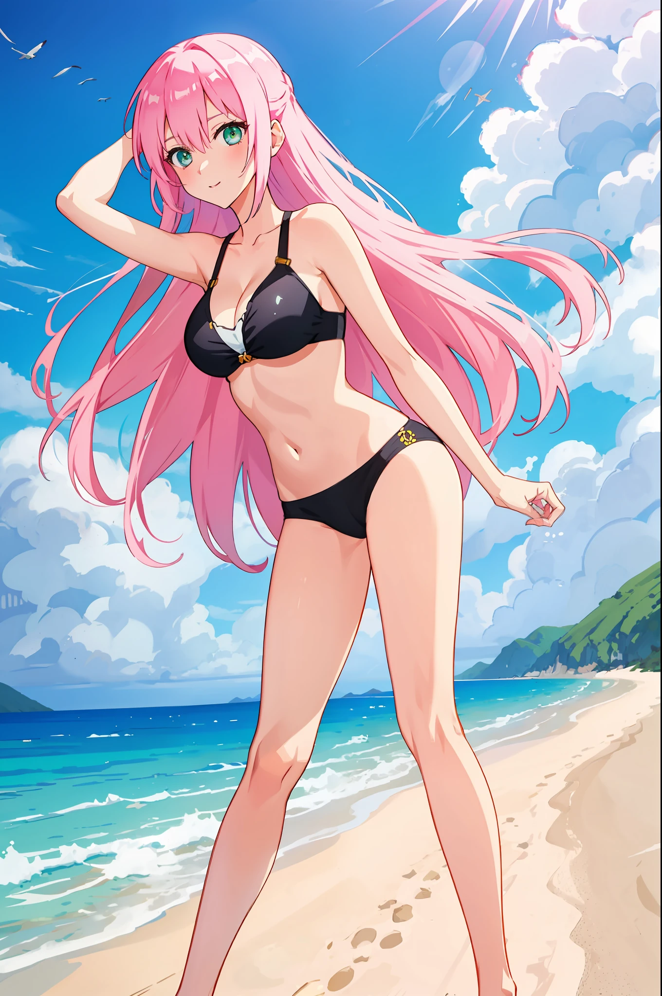 shikimori, medium breast, slim legs, sunny day, Beach, leaning, beautiful eyes, green eyes, nervous