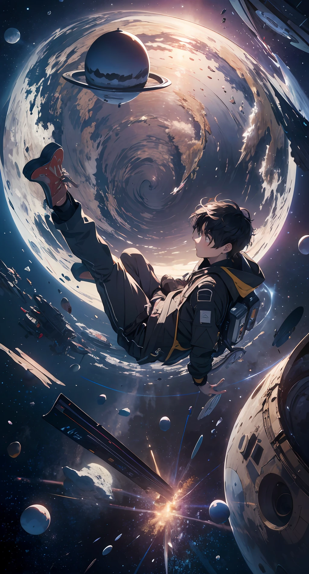 ridiculous resolution, high resolution, (masterpiece:1.4), super detailed, 1boy, seen from above, space, floating, --v 6