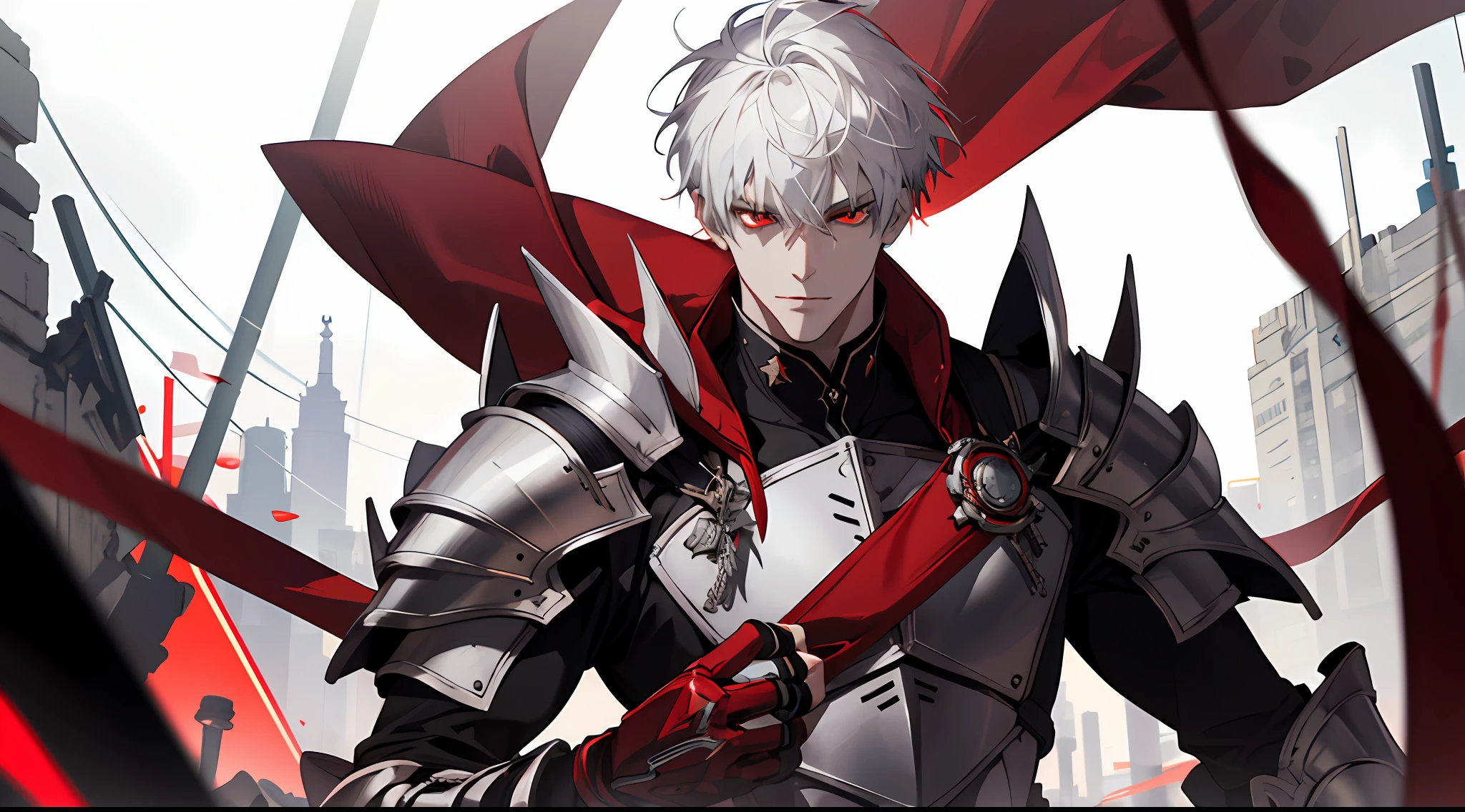 (absurd, high resolution, super detailed), (panorama), (1 male), tall, wearing silver armor, red eyes, evil charm, short white hair, red streamer, red magic surrounding, exaggerated light, hands emitting red light