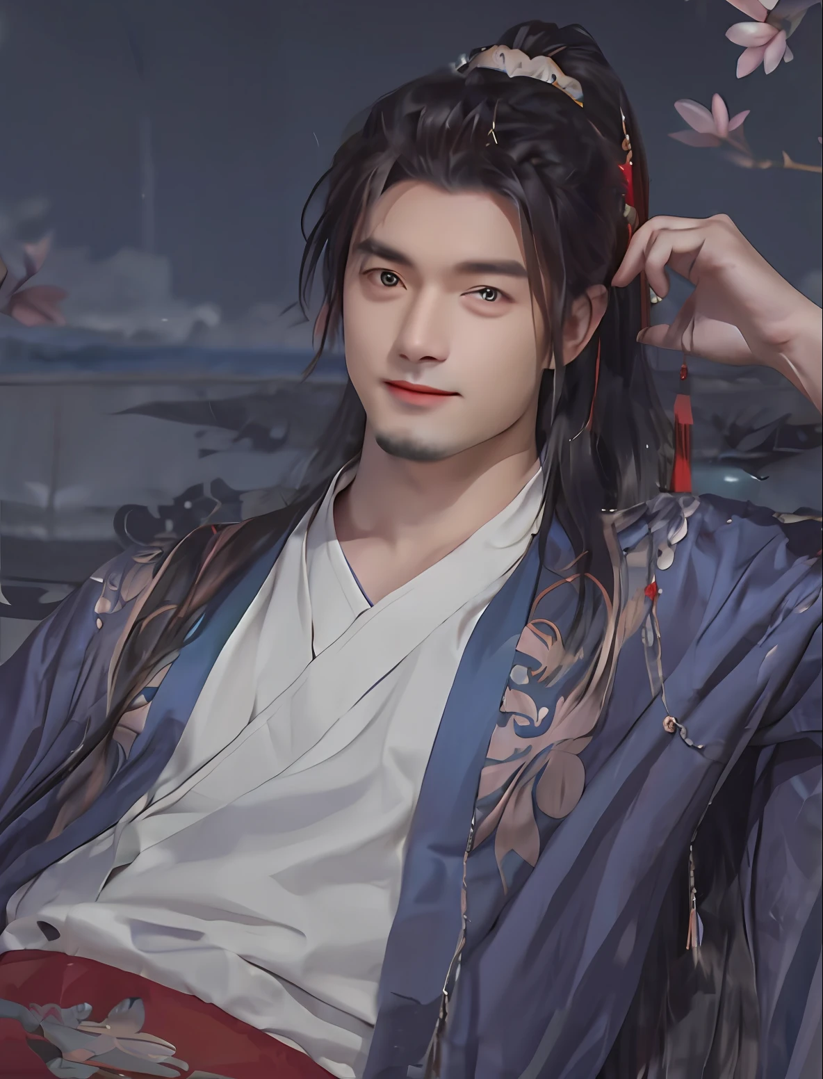 A man in a blue robe, a masterpiece of the best quality, a slightly chubby-faced boy in ancient Chinese style, Photo photorealistic performance (weight 1.3), edge lighting and high-detail skin (weight 1.2), high-quality high-resolution picture taken by 8K UHD DSLR, absurd and exaggerated bokeh effect, realistic presentation of four fingers and one thumb in the best proportions (weight 1.3), humble and luxurious costume image, bust wearing blue luxurious robes, smiling and kind, Tang Dynasty male costume, age 18 years old, long hair, hair crown