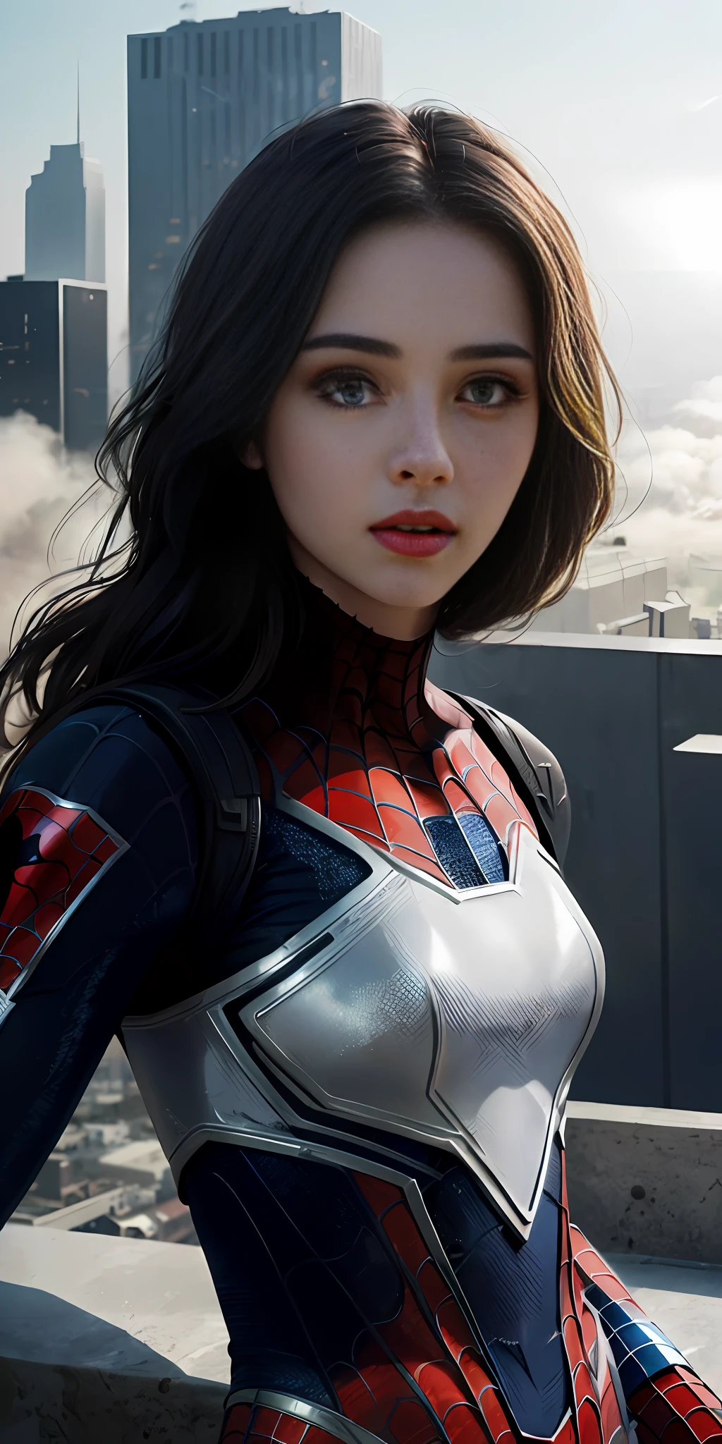 (1girl:1.3), Solo, (((Very detailed face)))), ((Very detailed eyes and face)))), Beautiful detail eyes, Body parts__, Official art, Unified 8k wallpaper, Super detailed, beautiful and beautiful, beautiful, masterpiece, best quality, original, masterpiece, super fine photo, best quality, super high resolution, realistic realism, sunlight, full body portrait, amazing beauty, dynamic pose, delicate face, vibrant eyes, (from the front), She wears Spider-Man suit, red and blue color scheme, spider, very detailed city roof background, rooftop, overlooking the city, detailed face, detailed complex busy background, messy, gorgeous, milky white, highly detailed skin, realistic skin details, visible pores, clear focus, volumetric fog, 8k uhd, DSLR, high quality, film grain, fair skin, photo realism, lomography, futuristic dystopian megametropolis, translucent