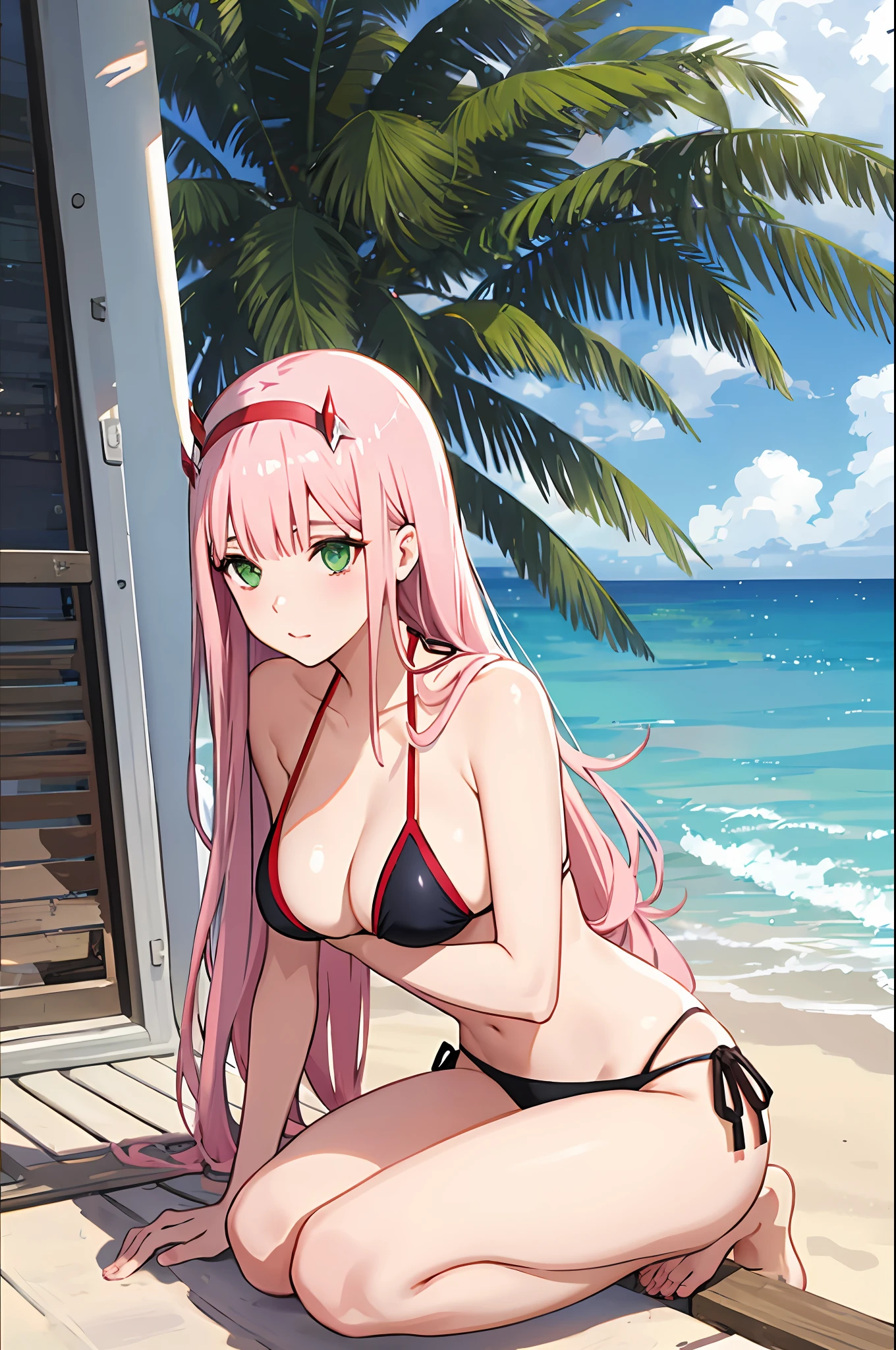 zero two, side tie bikini, medium breast, slim legs, sunny day, Beach, leaning, beautiful eyes, green eyes, nervous