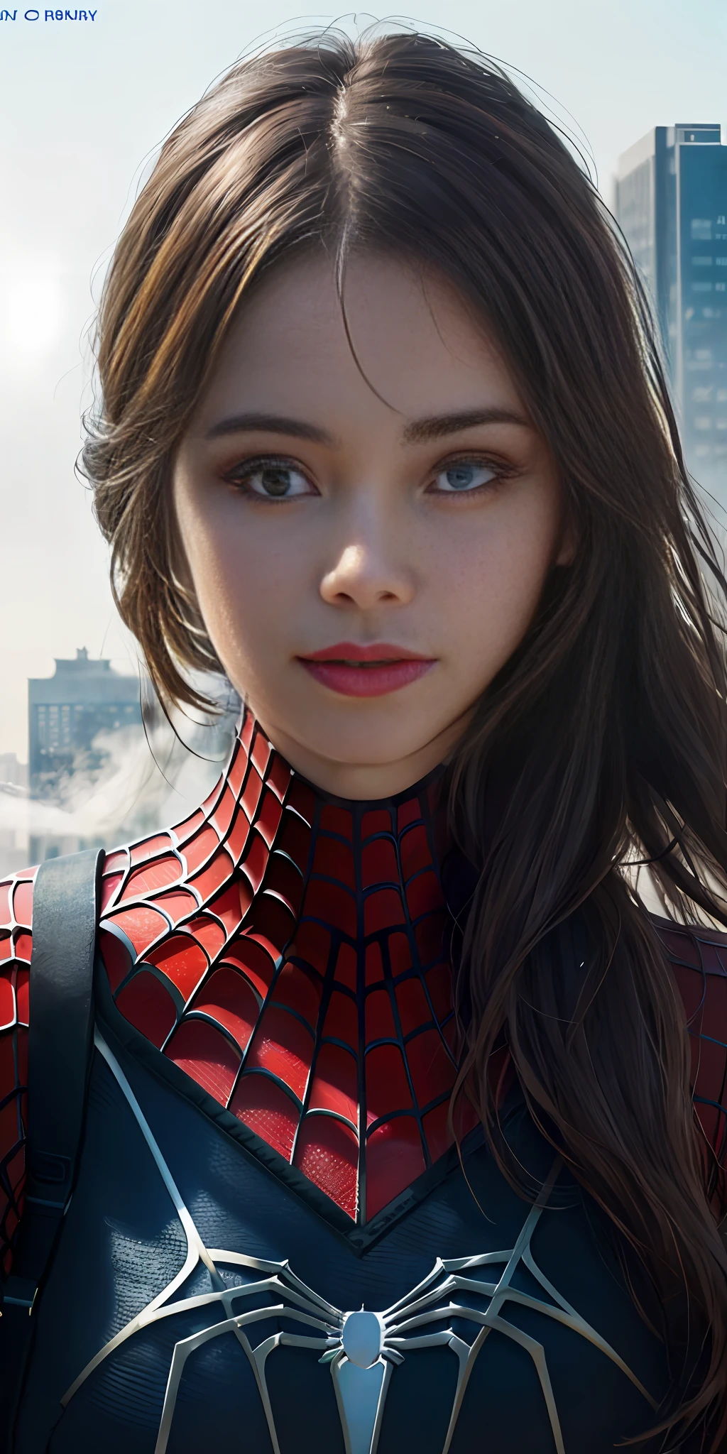 (1girl:1.3), Solo, (((Very detailed face)))), ((Very detailed eyes and face)))), Beautiful detail eyes, Body parts__, Official art, Unified 8k wallpaper, Super detailed, beautiful and beautiful, beautiful, masterpiece, best quality, original, masterpiece, super fine photo, best quality, super high resolution, realistic realism, sunlight, full body portrait, amazing beauty, dynamic pose, delicate face, vibrant eyes, (from the front), She wears Spider-Man suit, red and blue color scheme, spider, very detailed city roof background, rooftop, overlooking the city, detailed face, detailed complex busy background, messy, gorgeous, milky white, highly detailed skin, realistic skin details, visible pores, clear focus, volumetric fog, 8k uhd, DSLR, high quality, film grain, fair skin, photo realism, lomography, futuristic dystopian megametropolis, translucent