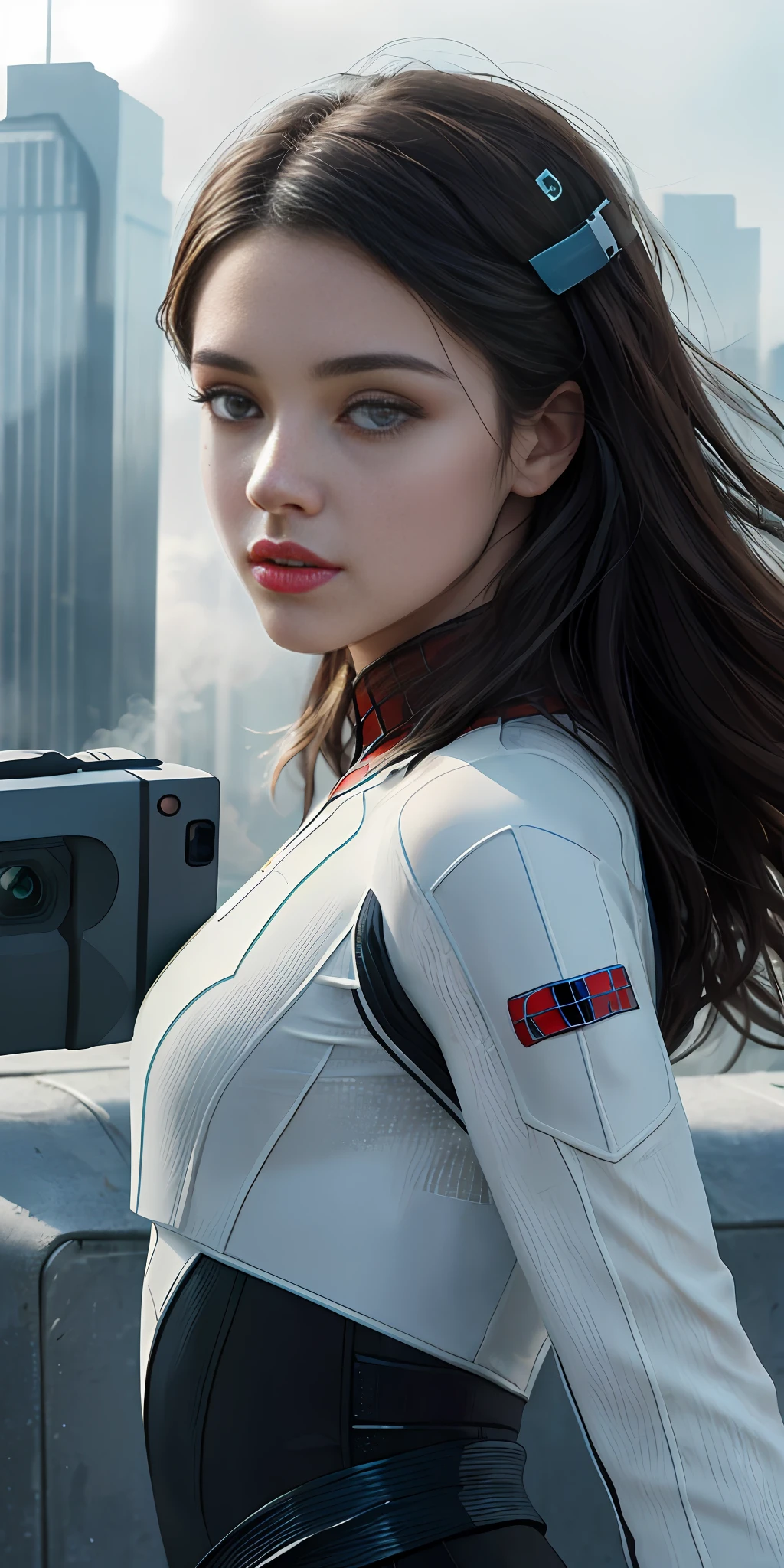 (1girl:1.3), Solo, (((very detailed face)))), ((very detailed eyes and face)))), beautiful detail eyes, body parts__, official art, unified 8k wallpaper, super detailed, beautiful and beautiful, beautiful, masterpiece, best quality, original, masterpiece, super fine photo, best quality, super high resolution, realistic realism, sunlight, full body portrait, amazing beauty, dynamic pose, delicate face, vibrant eyes, (from the side), She wears Spider-Man suit, white and blue color scheme, spider, very detailed city roof background, rooftop, overlooking the city, detailed face, detailed complex busy background, messy, gorgeous, milky white, highly detailed skin, realistic skin details, visible pores, clear focus, volumetric fog, 8k uhd, DSLR camera, high quality, film grain, fair skin, photo realism, lomography, futuristic dystopian megalopolis, translucent