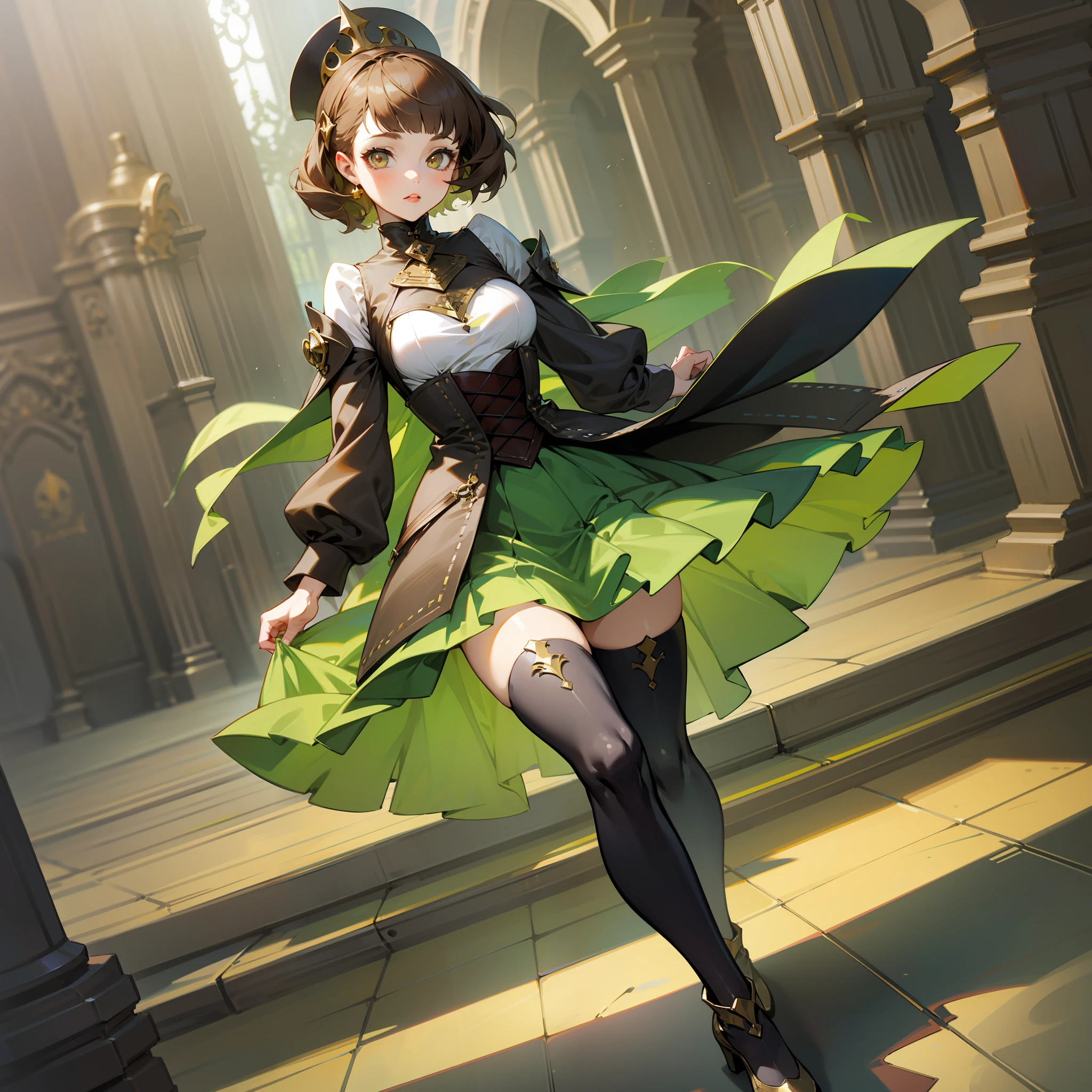 persona 5 style, 1 girl, , full body, BREAK medieval fantasy, princess, stand, brown hair, chartreuse green color clothes, golden eyes, hanging brea