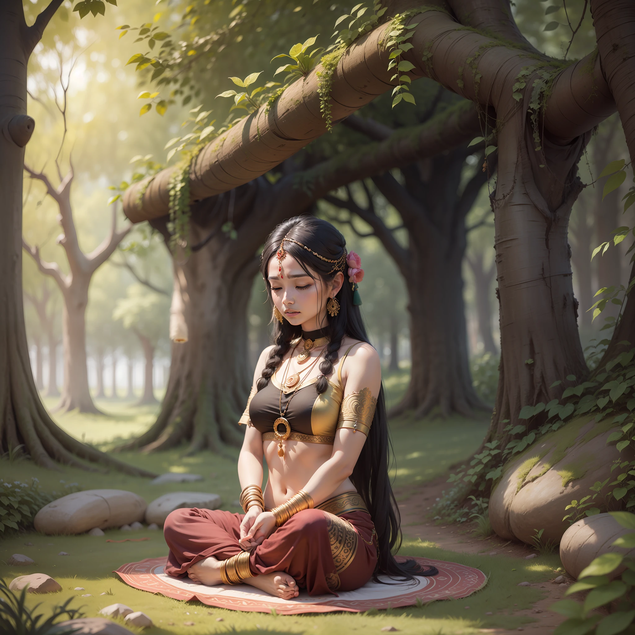 women sitting under the tree doing meditation in yoga style, hyperealistic, portait photography, 8k rendering, hinduism, wearing rudrakhs on his neck