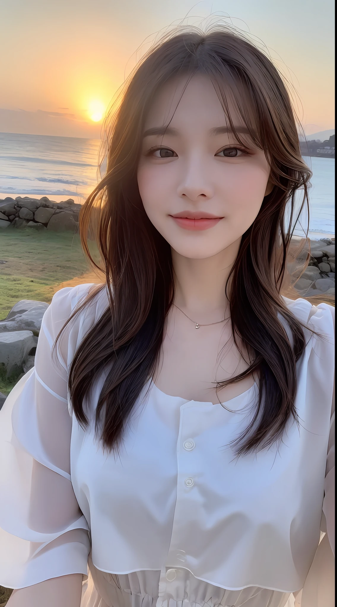 ((Top Quality, 8K, Masterpiece: 1.3)), Focus: 1.2, Perfect Beauty: 1.4, Astock: 1.2, ((Layered Hairstyle, Breasts: 1.2)), (Wet Clothes: 1.1), (Sunset, Seaside: 1.3), Halfway Flower Dress: 1.1, Highly Detailed Face and Skin Texture, Narrow Eyes, Double Eyelids, Whitening Skin, Long Hair, (Shut Up: 1.3), Smile, Beauty Unreal, Hairstyle Design