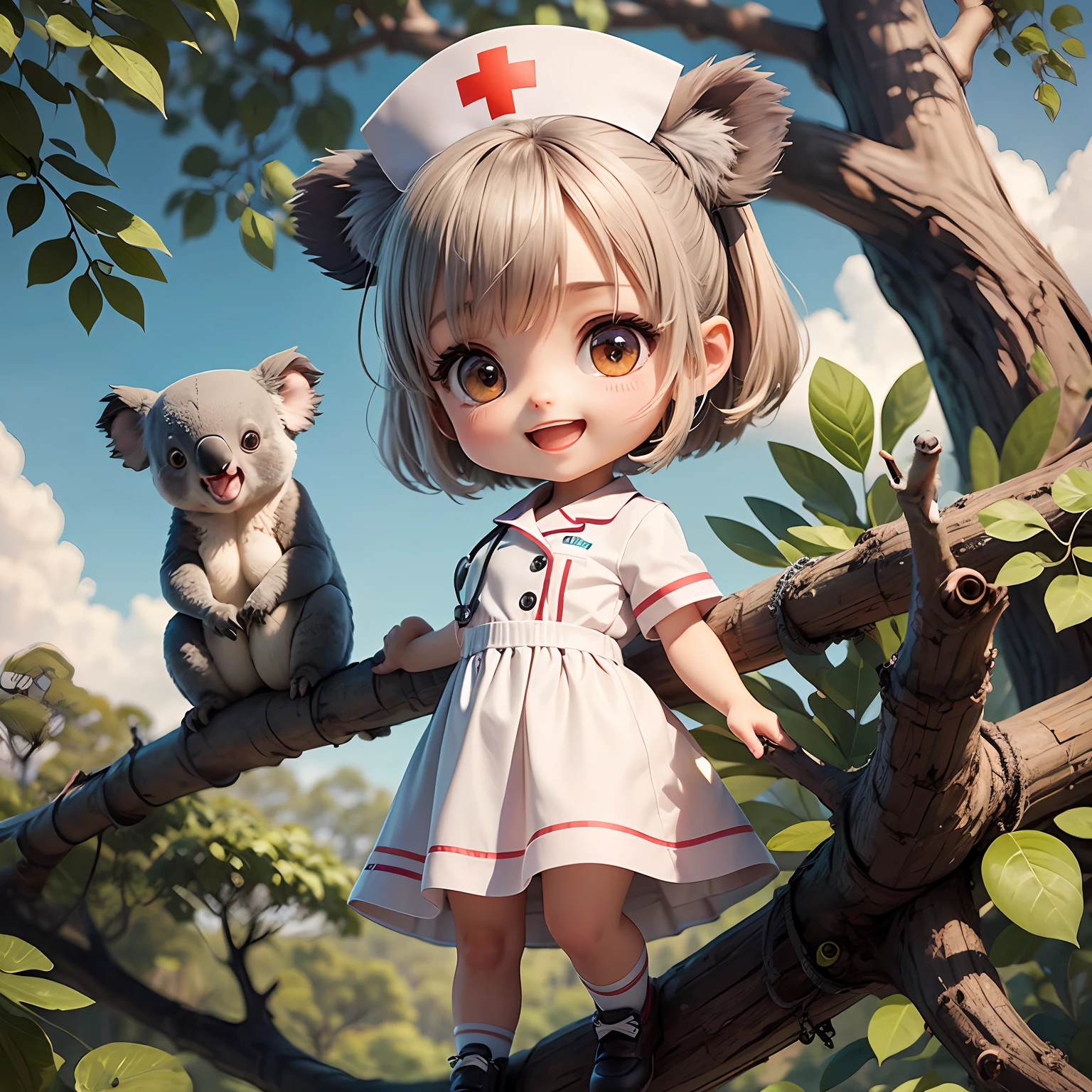 Masterpiece, Top Quality, Super Detail, One Koala Girl, Chibi Chara, Nurse Uniform, Smile, Open Mouth, Full Body, Climbing a Tree, Bent Over, Looking at the Camera, Clear Sky, Wide Sky, Big Tree, Beautiful View, Distant Shot