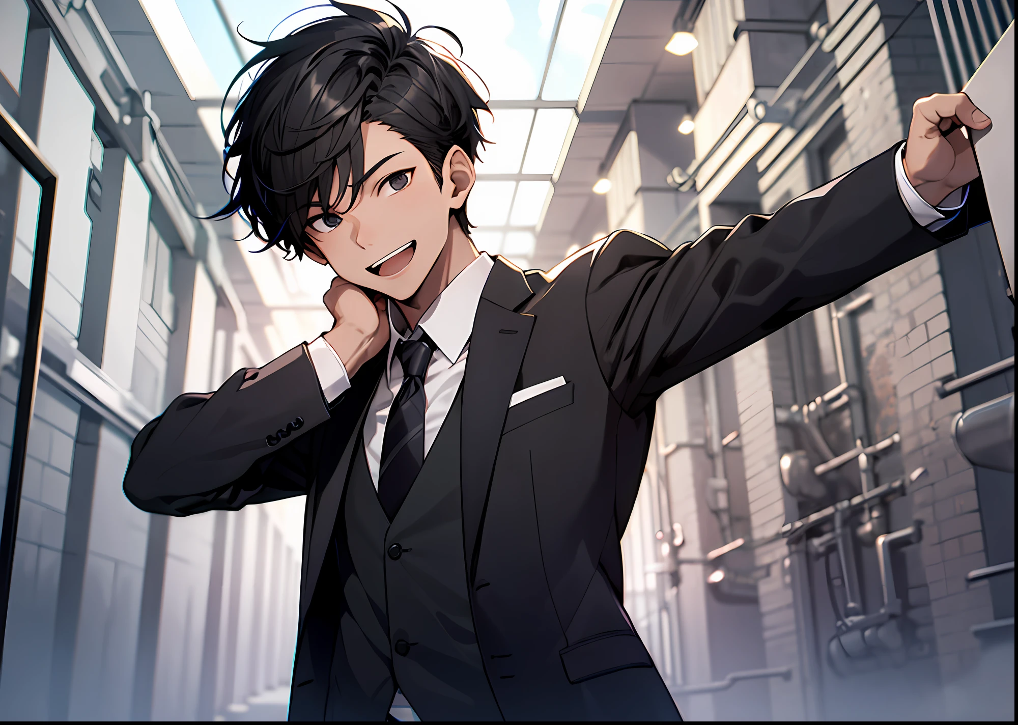 A boy, handsome face, head up, God perspective, short black hair, wearing a suit, unfolded arms to the sky, inside the room, laughing, soloing