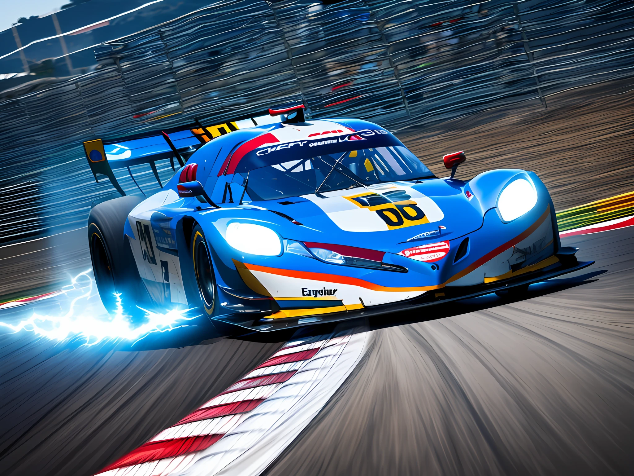 best quality, master piece,Race car, race track, speed, streamlined, winding, ups and downs, perspective, variations in thickness, flow lines, light and shadow, sense of motion, visual focus, outline, minimalism, geometric shapes, imagination,superspeed,lighting, motion blur, electricity,audience,cheer