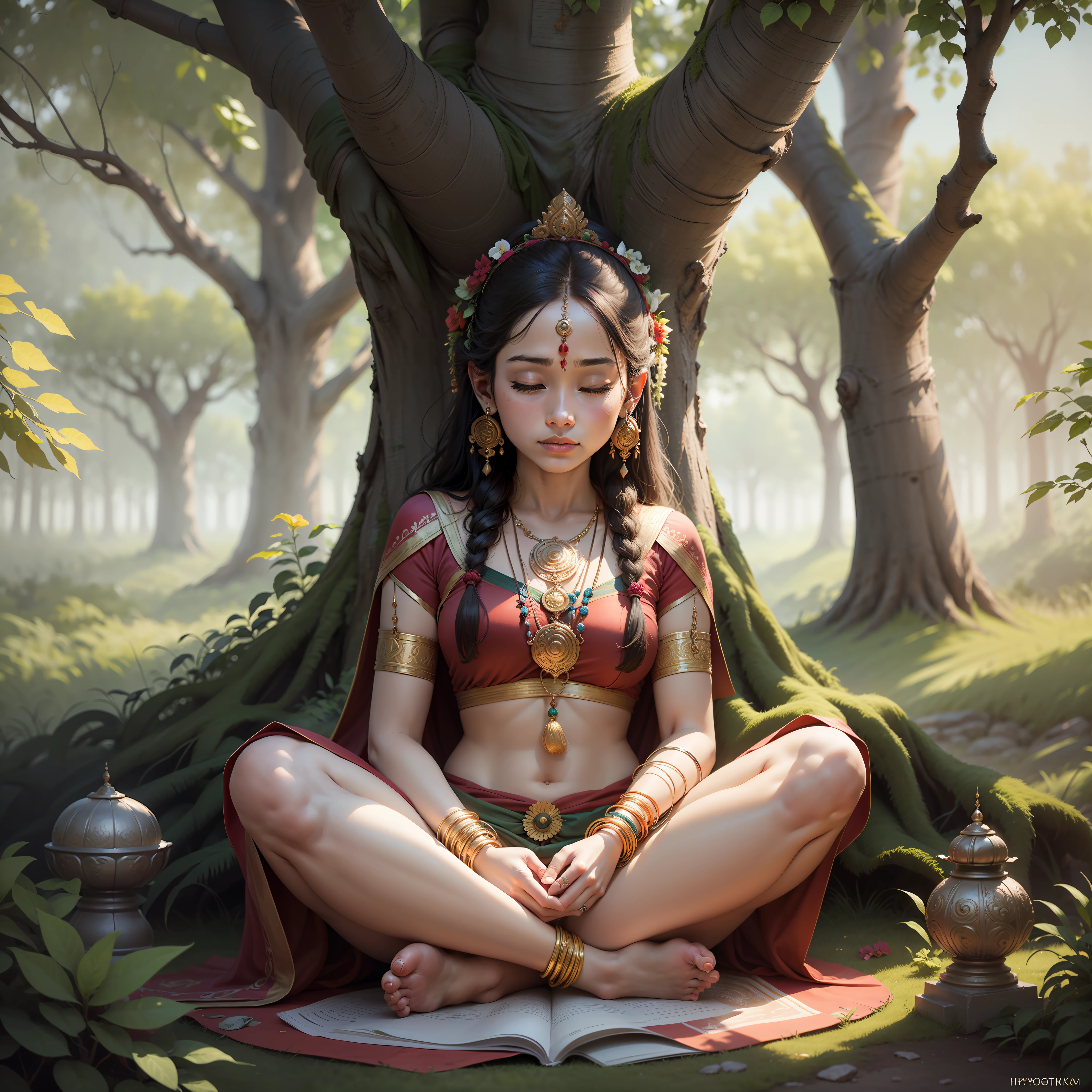 women sitting under the tree doing meditation in yoga style, hyperealistic, portait photography, 8k rendering, hinduism, wearing rudrakhs on his neck