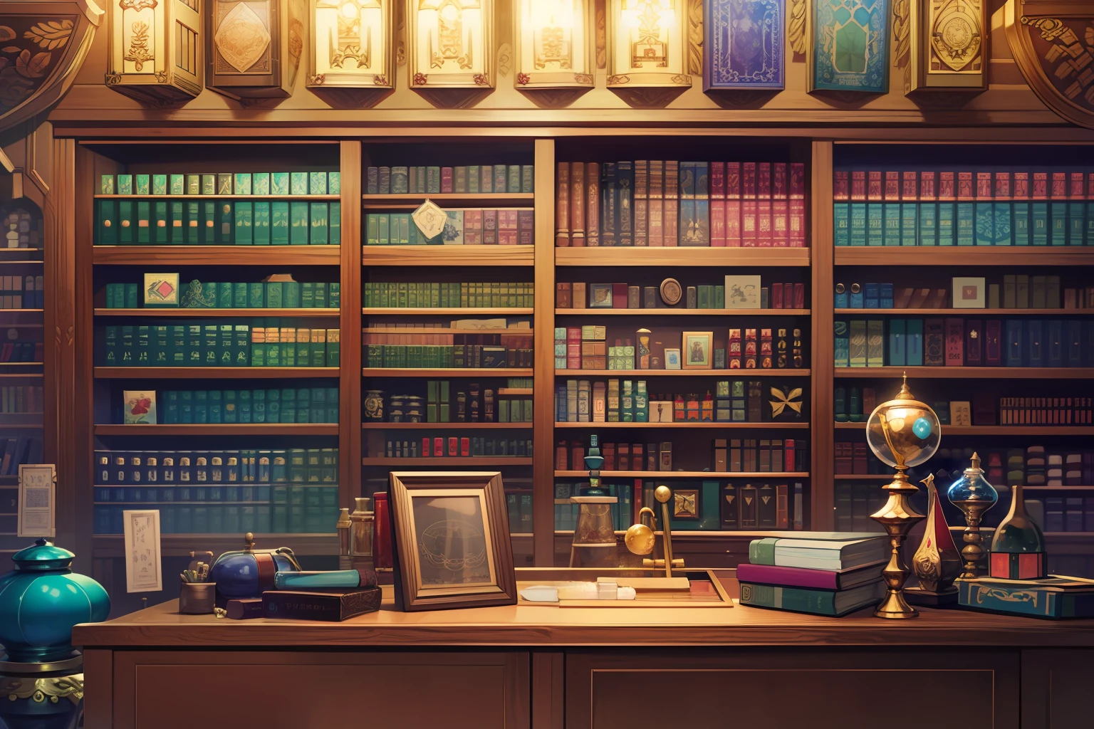 Japanese store, the front of the viewing angle is full of shelves full of goods, painted lights on them, various gemstones such as yellow, green, blue, purple, red (blingbling: 1.3), luxurious items such as goldware, magical items, sword weapons, ancient magic books, divination balls, seven-colored glass windows, steam age, alchemist magic laboratory background, anime background art, detailed depiction, exquisite texture, ultra-fine quality pictures