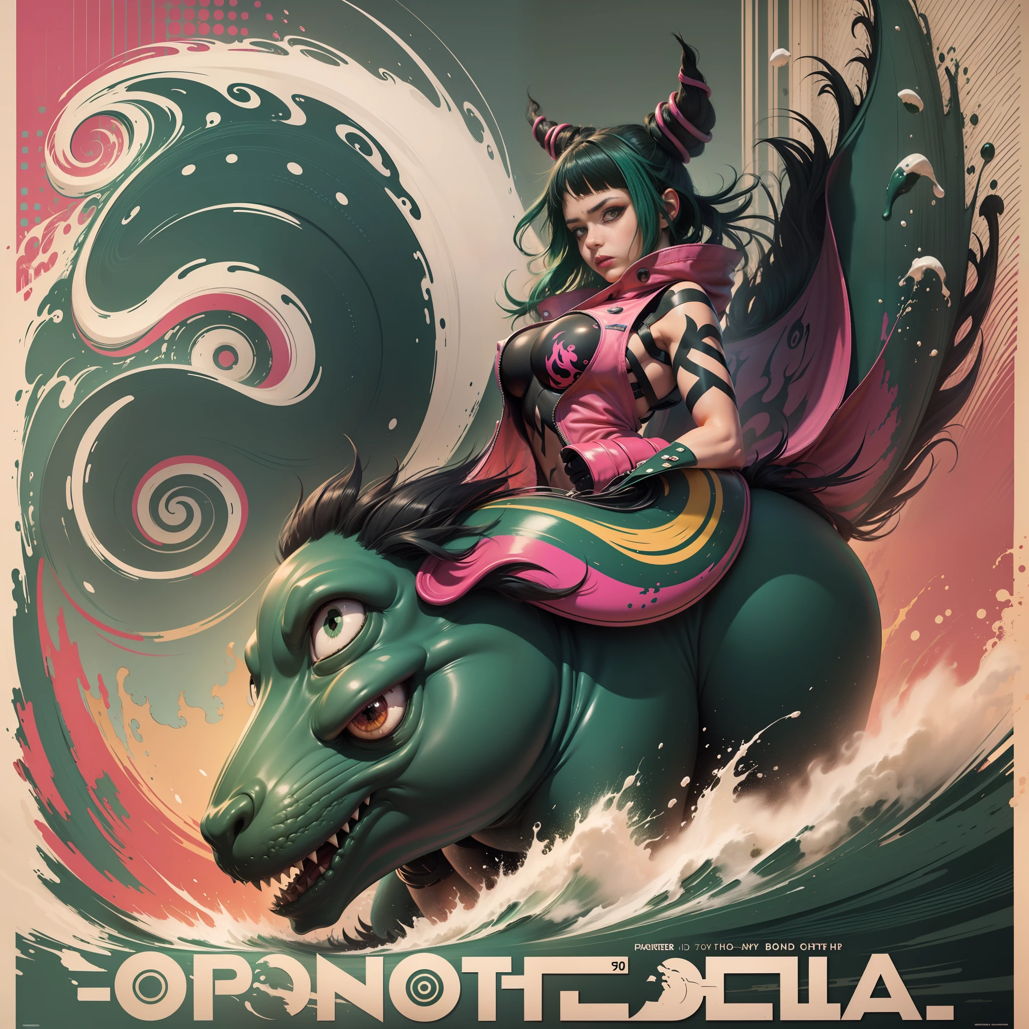 A highly detailed propaganda poster, pop art, typography, vintage paper, the rule of thirds, trending on artstation, UHD, ((( a beautiful hot, girl, green hair, riding a wild angy monster))) propaganda Poster, poster, Poster design, poster art style. 1970s, 1950s, 1960s, basic colour scheme, Very colourful poster, colour art, inspiring, free style perspective