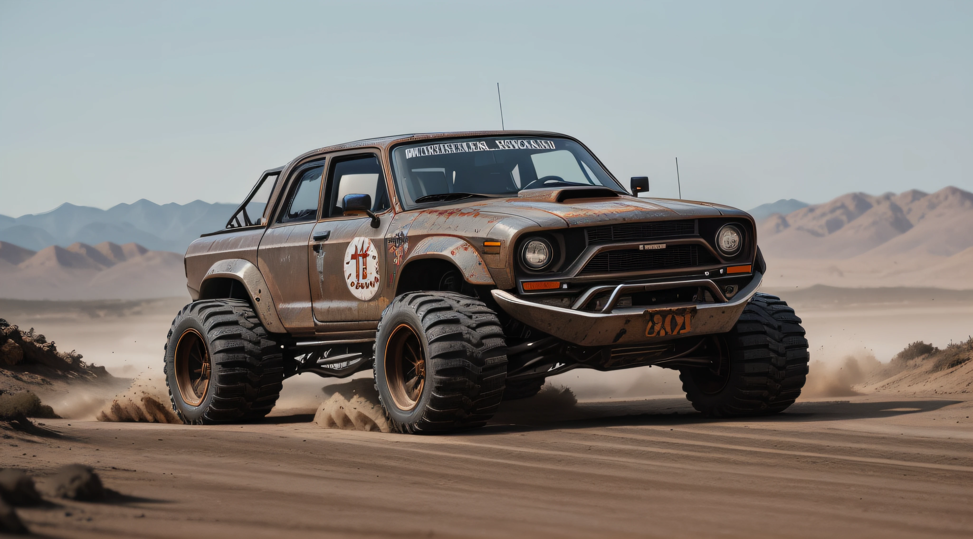 A close-up shot of a hybrid car transformed into a monster truck, constructed from scrap and dirty, rusted, and old metal. Despite its worn appearance, the vehicle emanates a sense of badassery and coolness. It is depicted racing through dirt and mud, with motion blur capturing the intense offroad action. The image should be in ultra-high definition (16k) with exceptional attention to detail, providing a high-fidelity and ultra-realistic portrayal. The overall aesthetic is reminiscent of a wallpaper, exuding a powerful and captivating vibe. (Best quality:1.5, masterpiece:1.5)