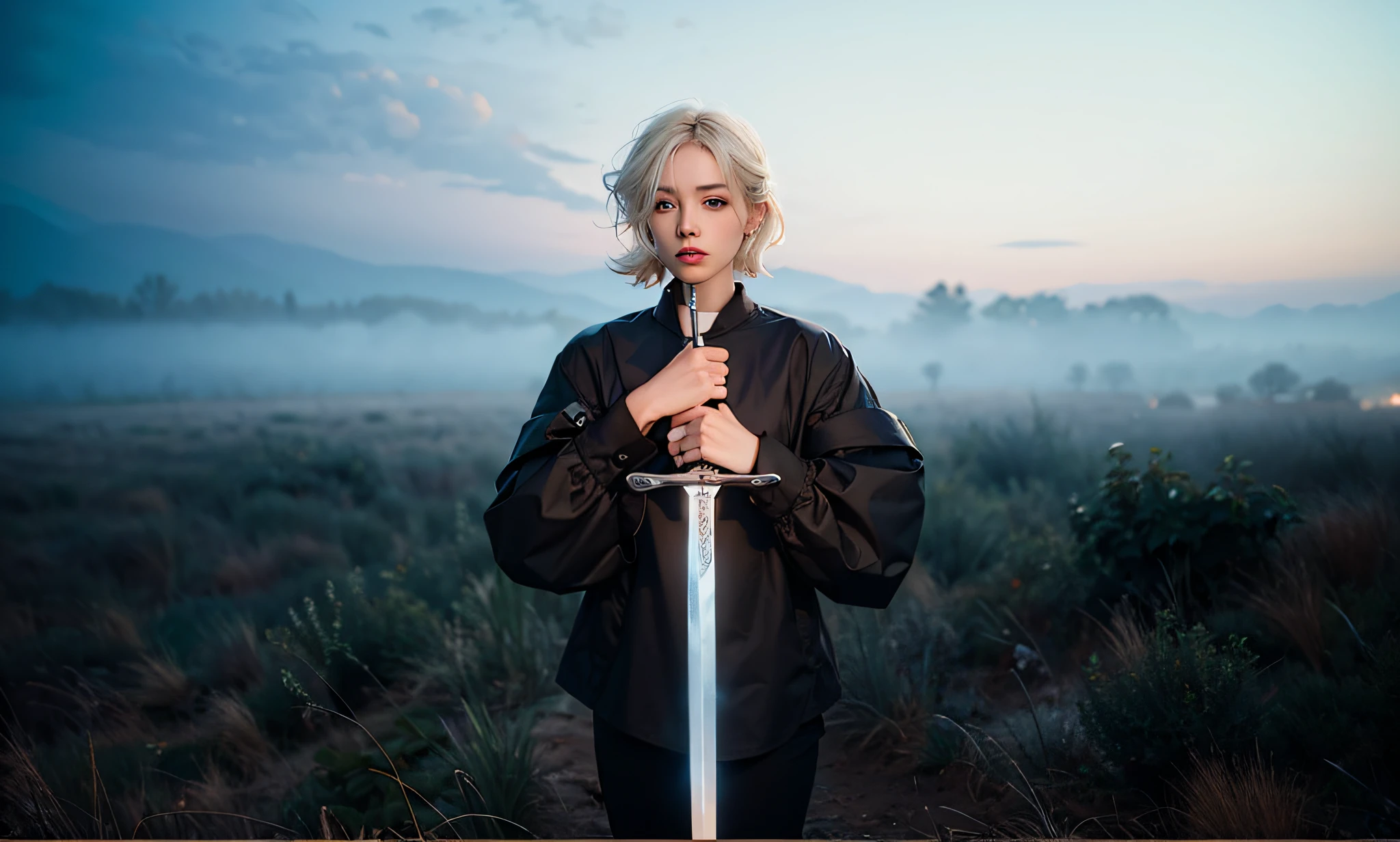 blond woman in black shirt holding a sword in front of a misty landscape, soft light, deep atmosphere, cinematic style